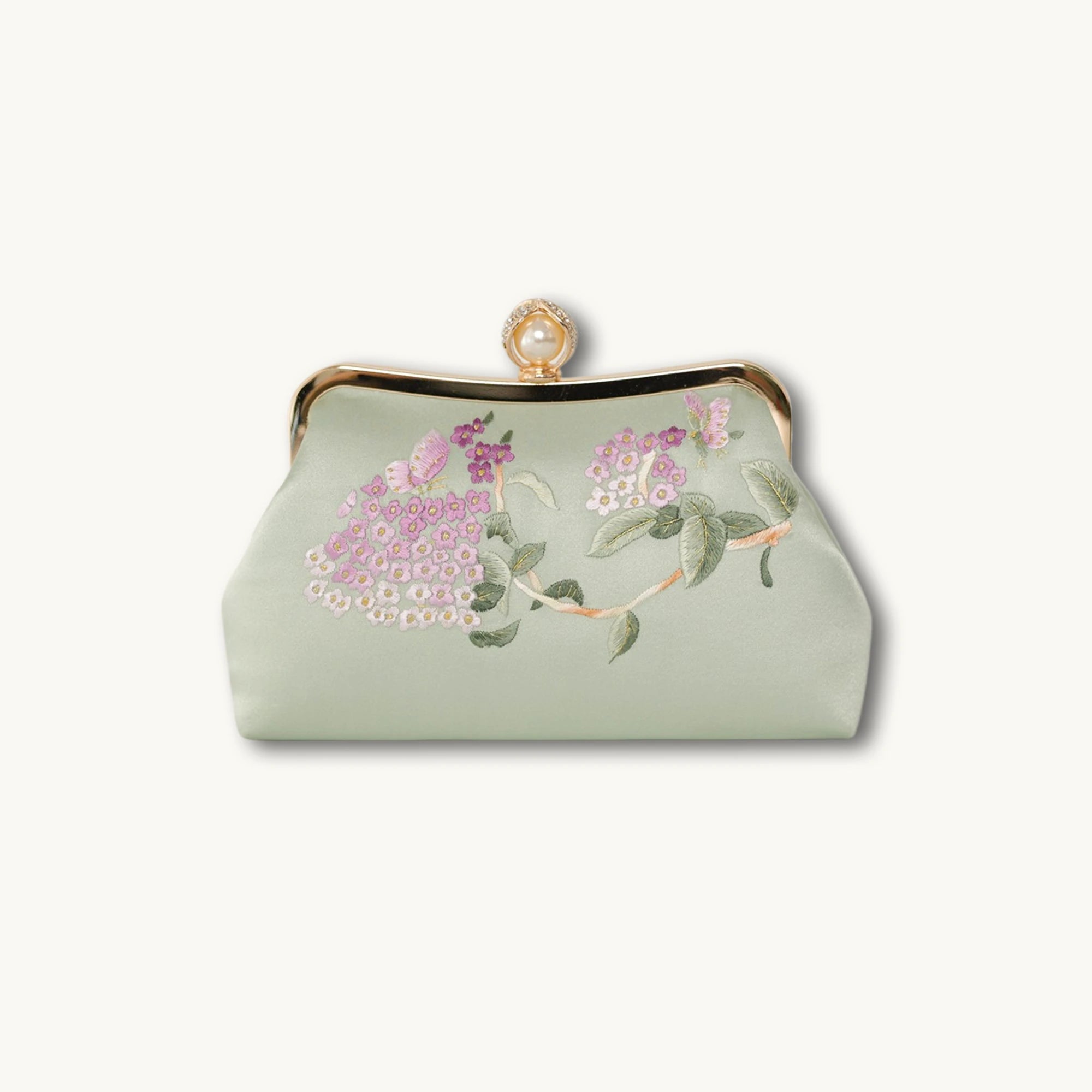 Chinoiserie Luxury Light Green Suzhou Embroidery Floral Mulberry Silk Frame Handbag
