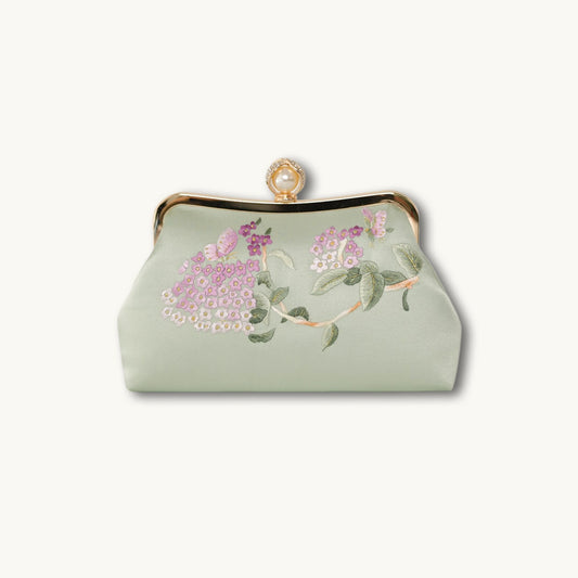 Chinoiserie Luxury Light Green Suzhou Embroidery Floral Mulberry Silk Frame Handbag