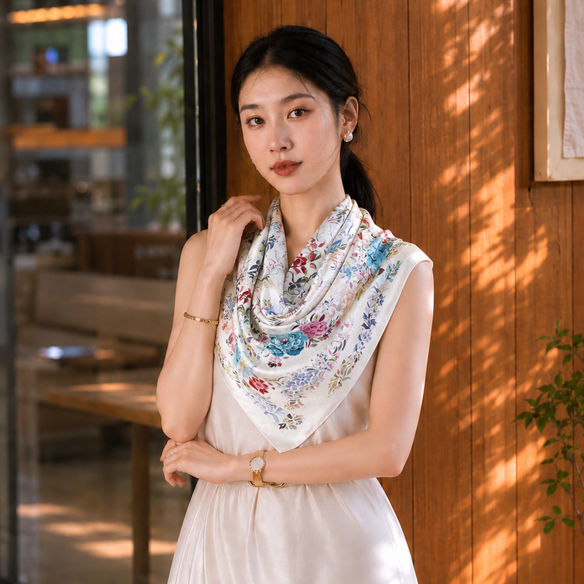 Luxury Birds & Blooms Jacquard Chinese Mulberry Silk Square Scarf