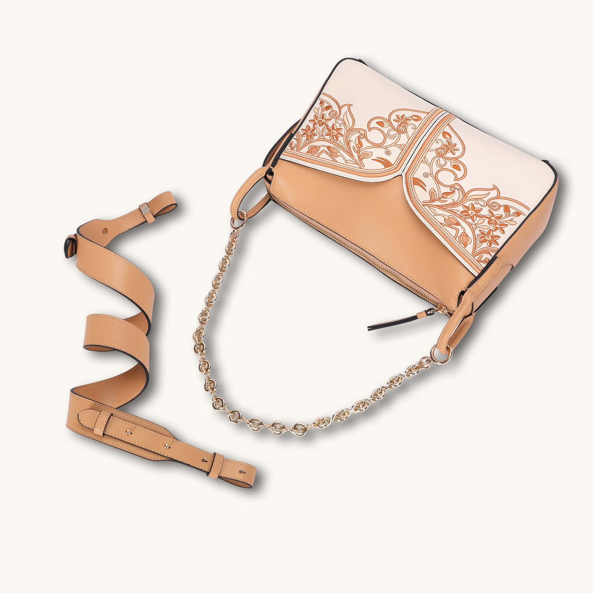 Artisan Hand-Embroidered  Leather Floral Crossbody Bag with Chain Detail