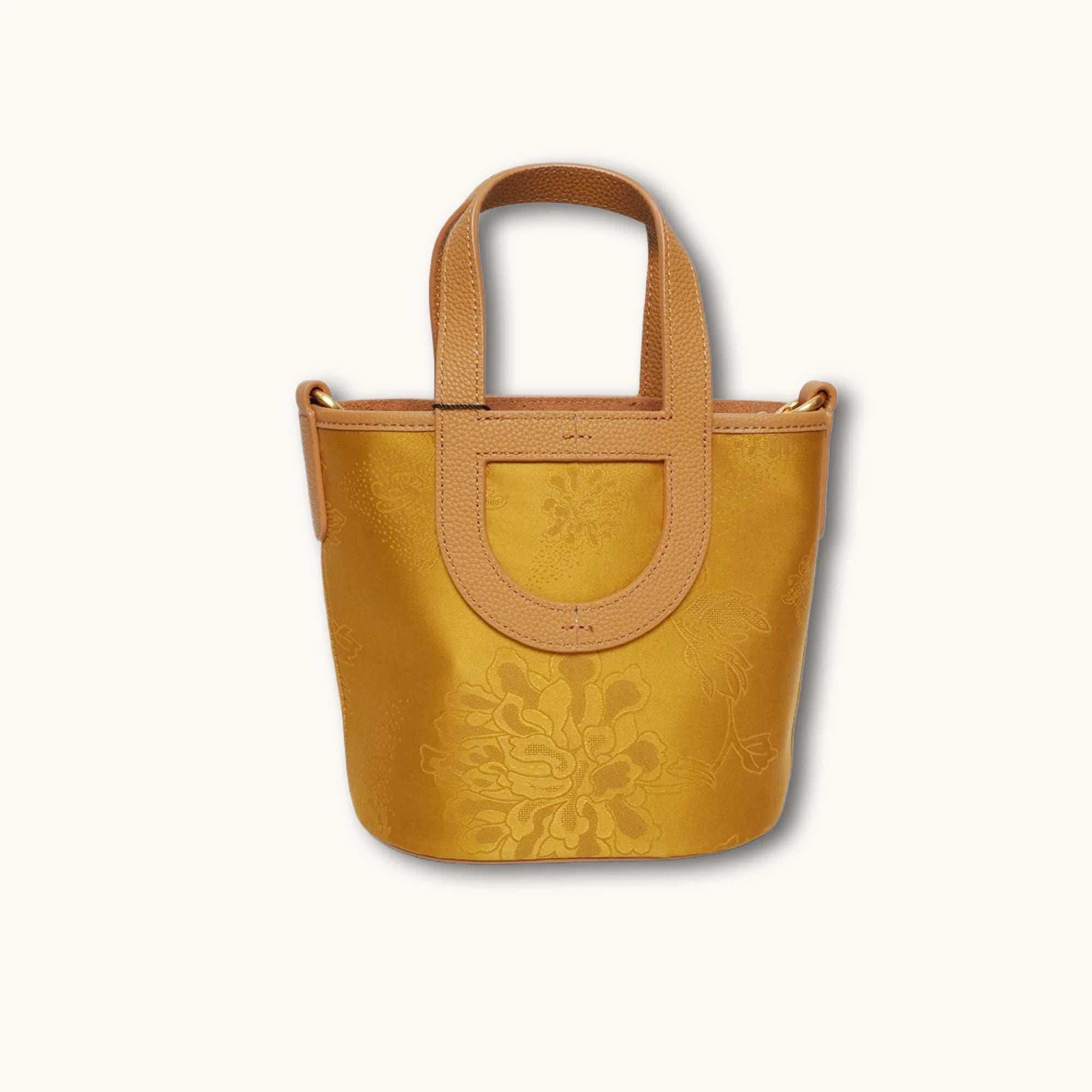 SinoCrafted golden silk Xiangyunsha peony handbag with genuine leather handles