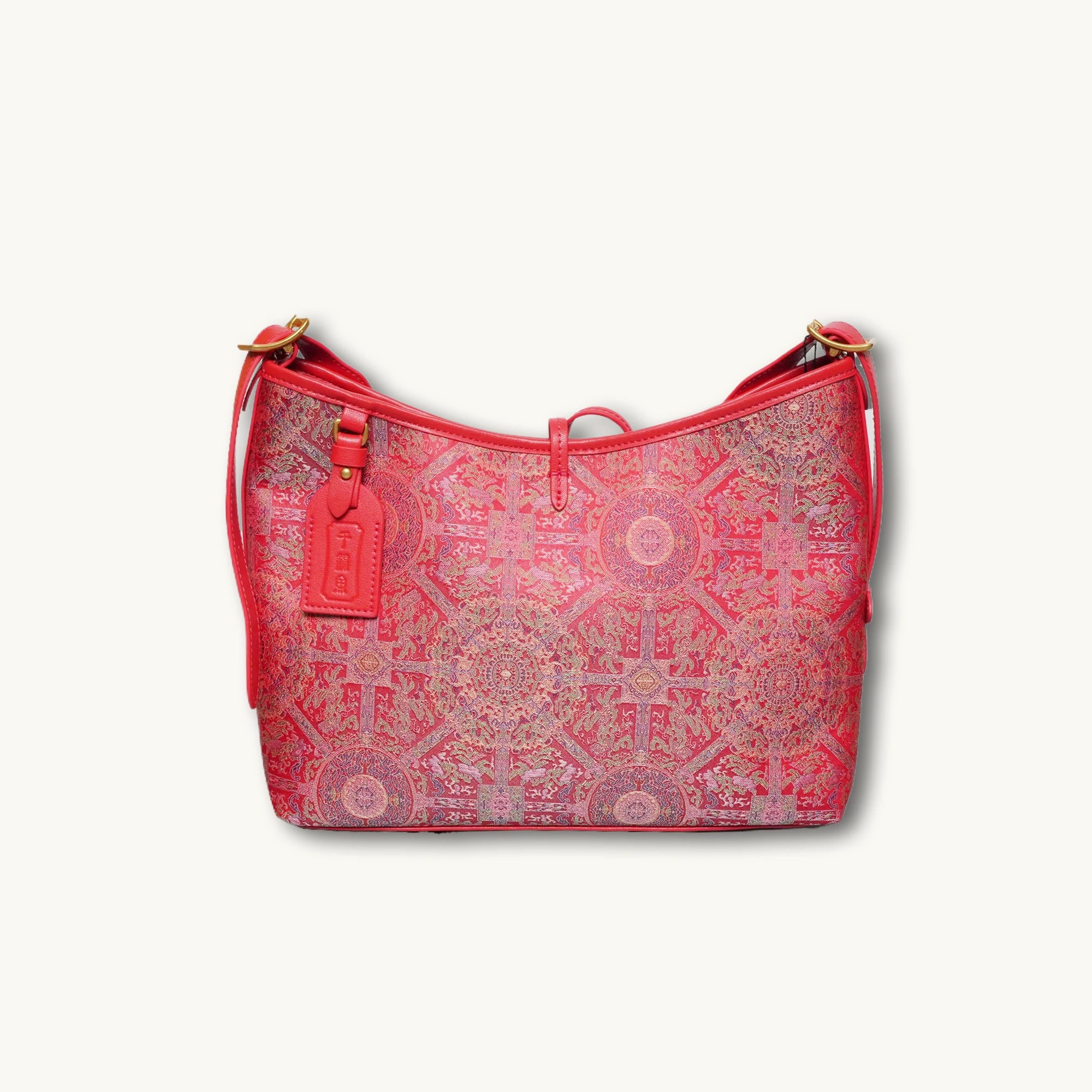 SinoCrafted red Bada Halo Song brocade shoulder bag with genuine leather trim and strap