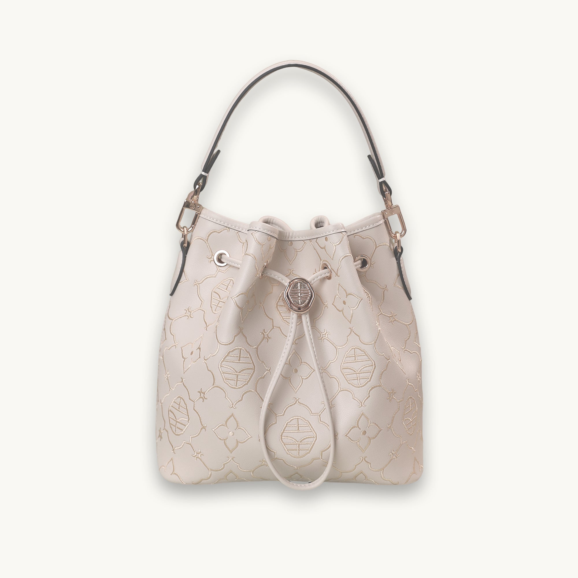 Genuine Leather Bucket Bag with Intricate Oriental Embossed Motifs