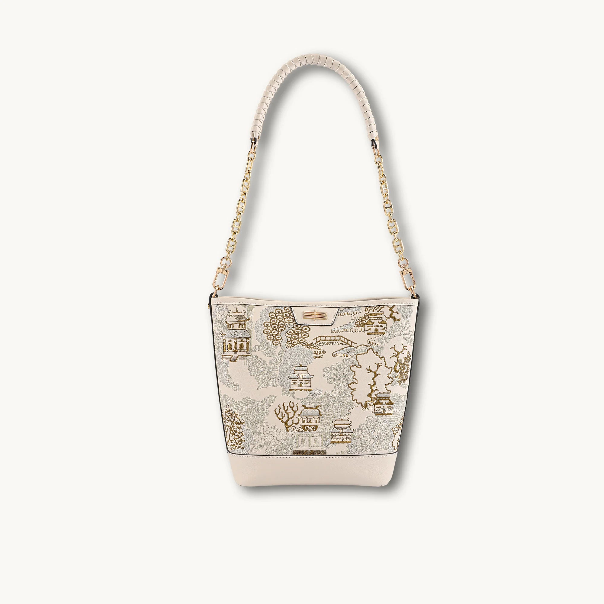 Chinese Style Oriental Print Bucket Bag with Chain-Trimmed Leather Strap