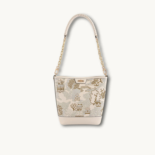 Chinese Style Oriental Print Bucket Bag with Chain-Trimmed Leather Strap