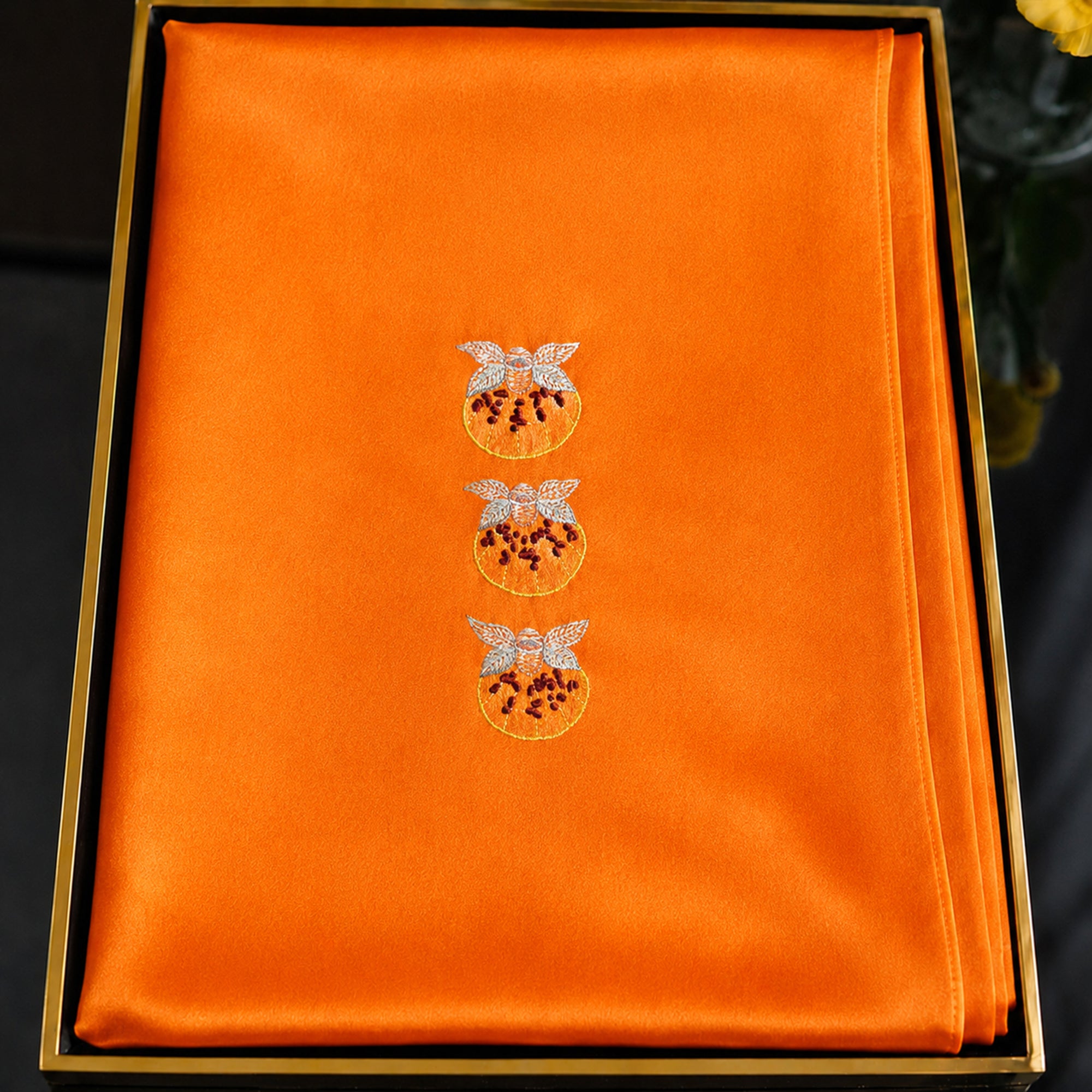 Luxury Handcrafted Suzhou Embroidery Mulberry Silk Scarf—Orange Pomegranate Motif