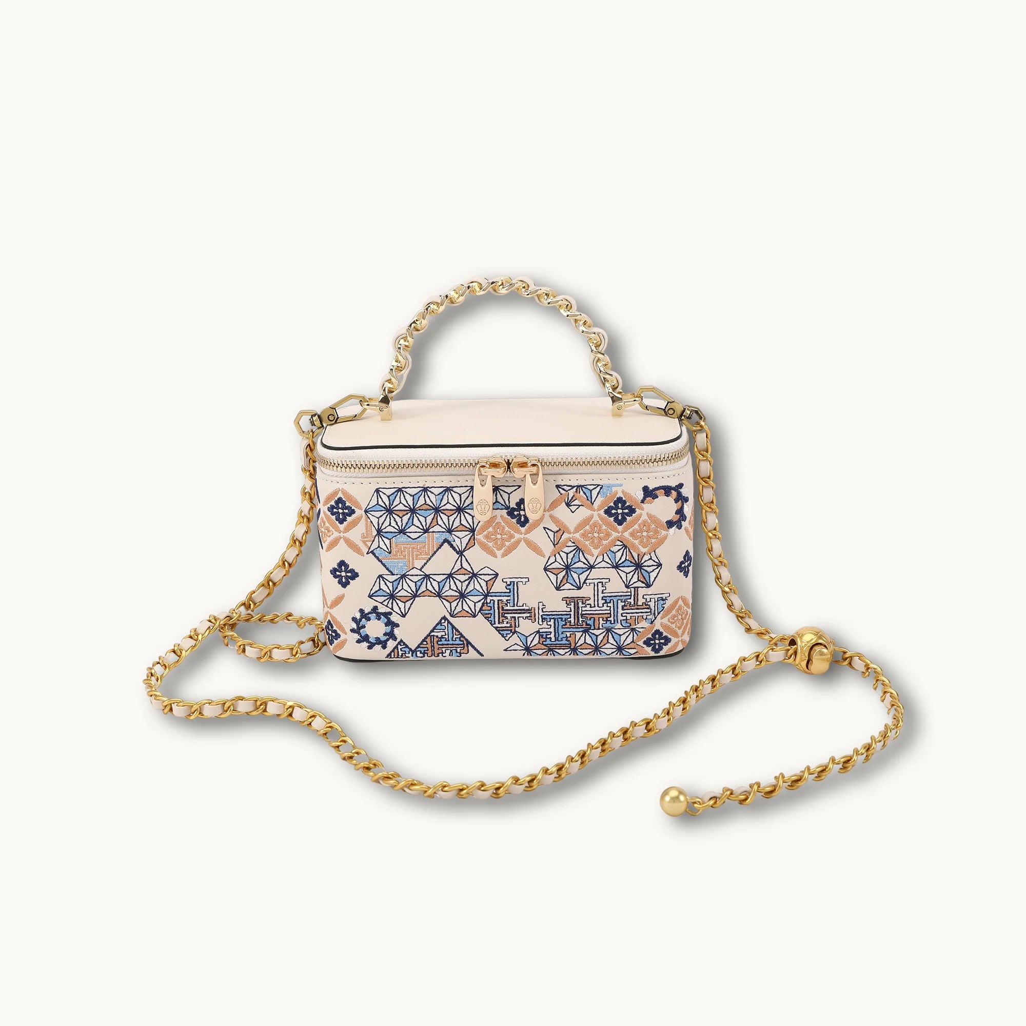 Vintage Architectural Print Box Bag with Gold Chain Double Strap