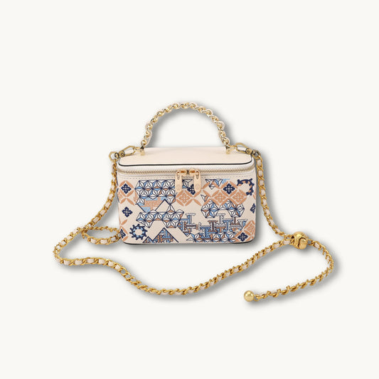 Vintage Architectural Print Box Bag with Gold Chain Double Strap