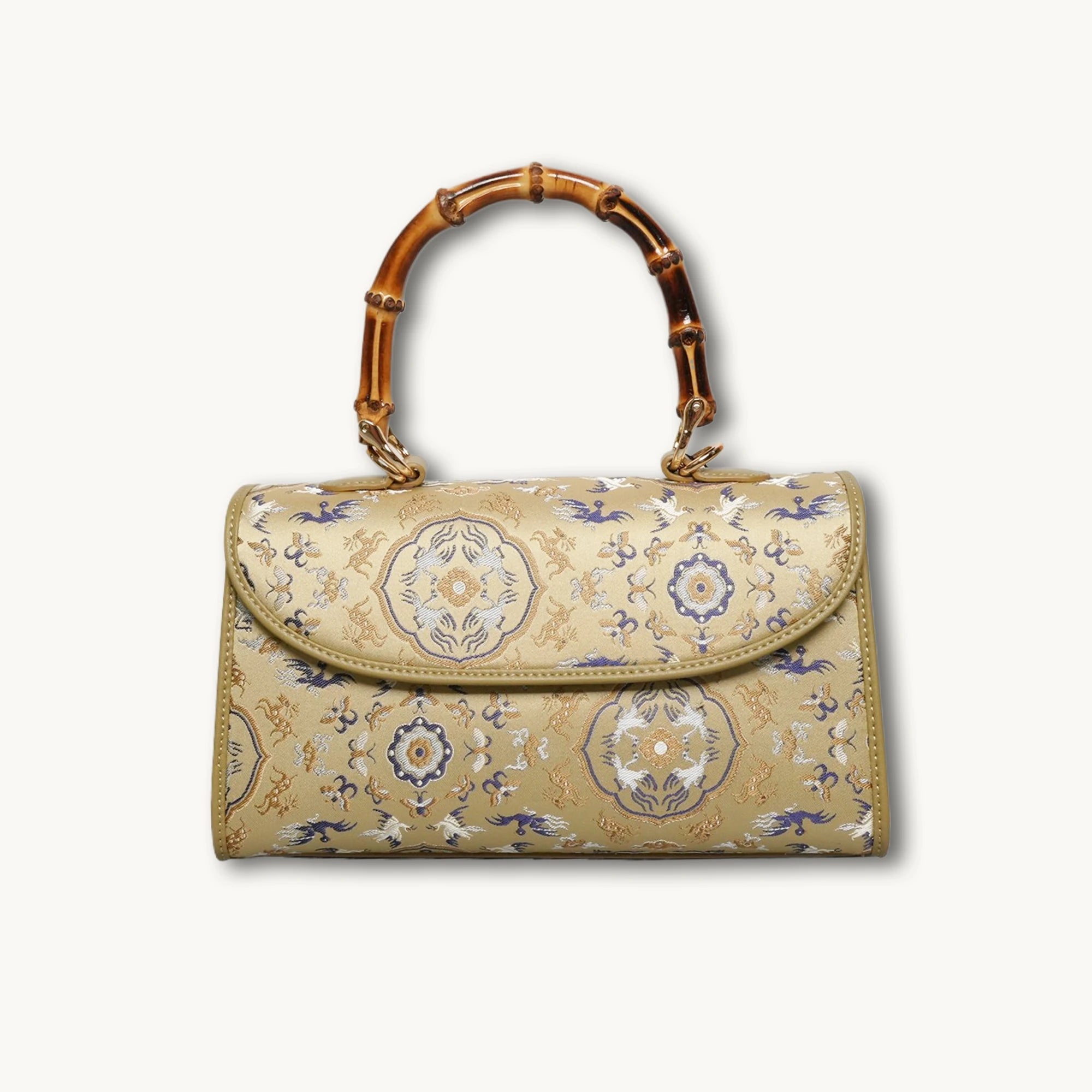 SinoCrafted green Crane and Deer Song brocade handbag with genuine leather trim and natural bamboo handle