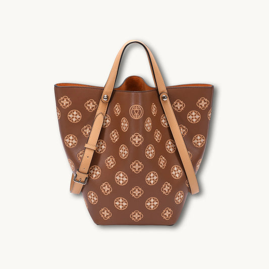 Cream genuine leather bucket bag with black ruyi cloud pattern embossed motifs, brown leather handles 