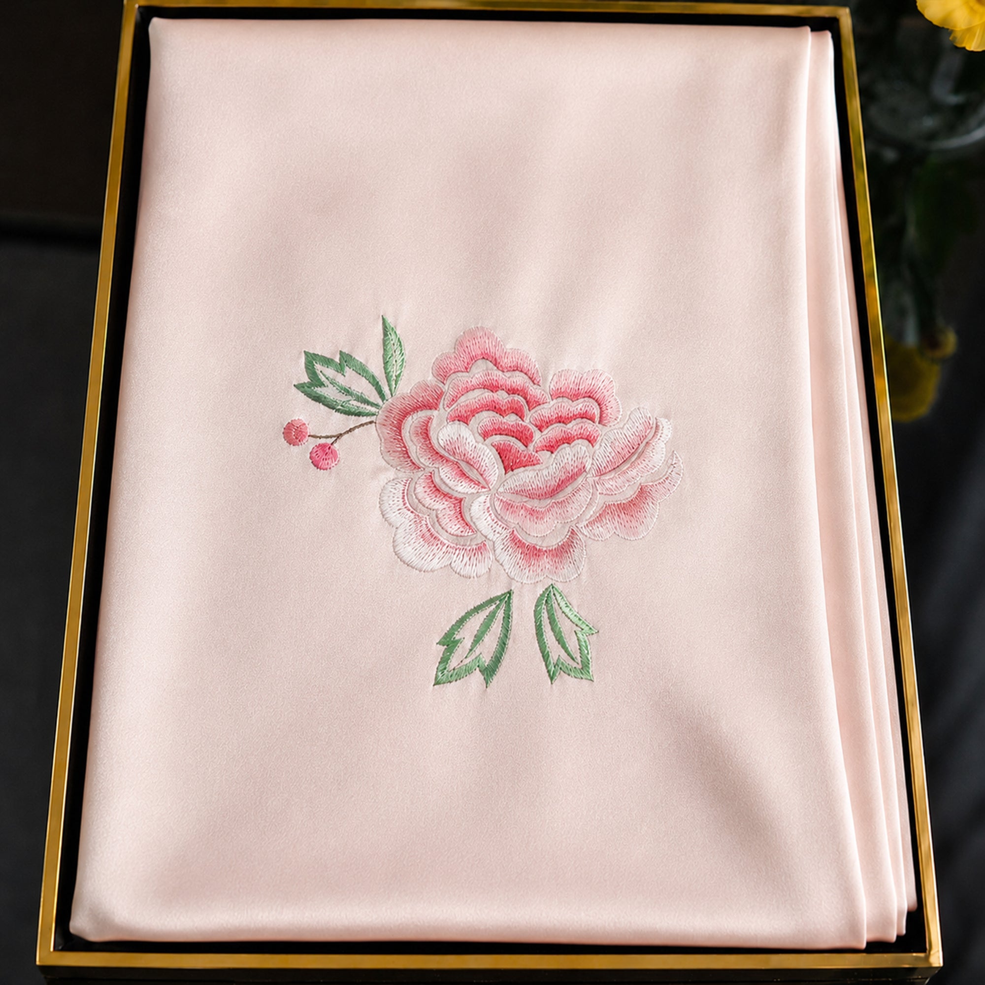 Heritage Peony Motif Su Embroidery Mulberry Silk Scarf — "Crown of Spring"