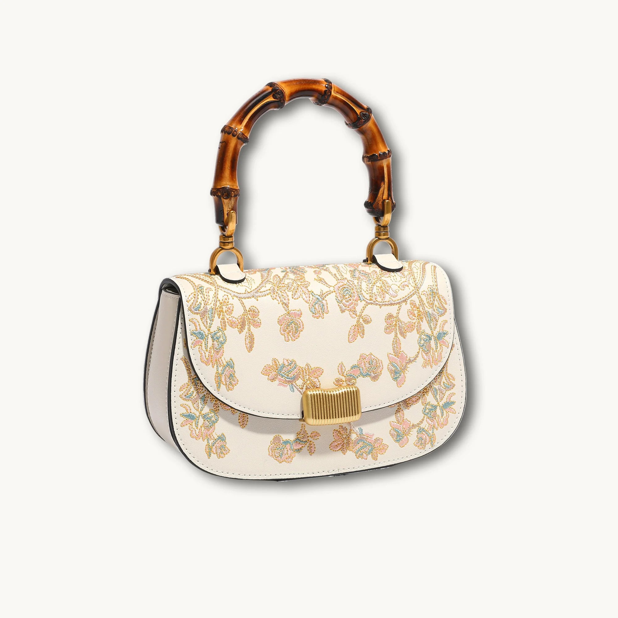 Heritage Floral Embroidery Saddle Bag with Bamboo Handle