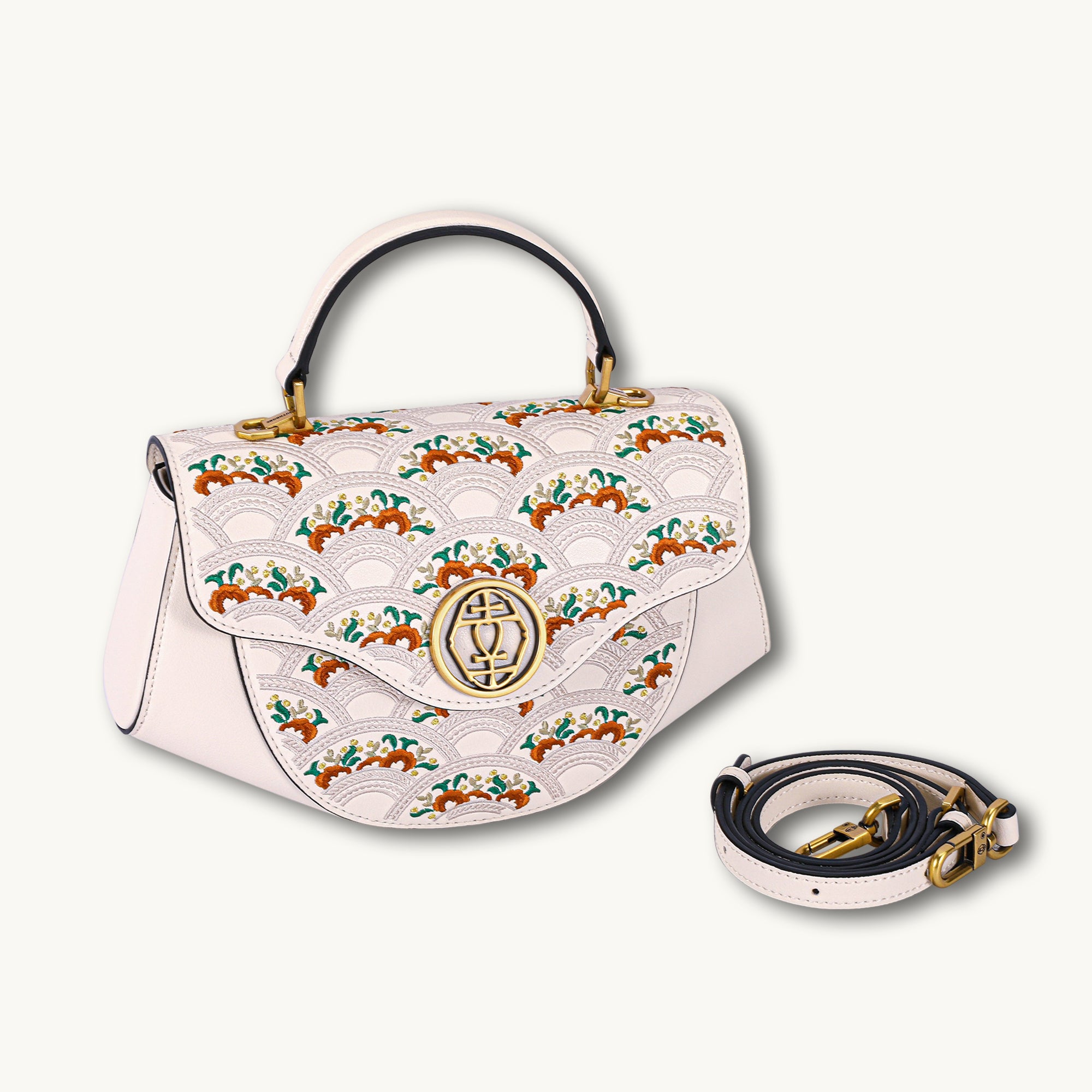 Floral Wave Embroidered Genuine Leather Top Handle Satchel Bag