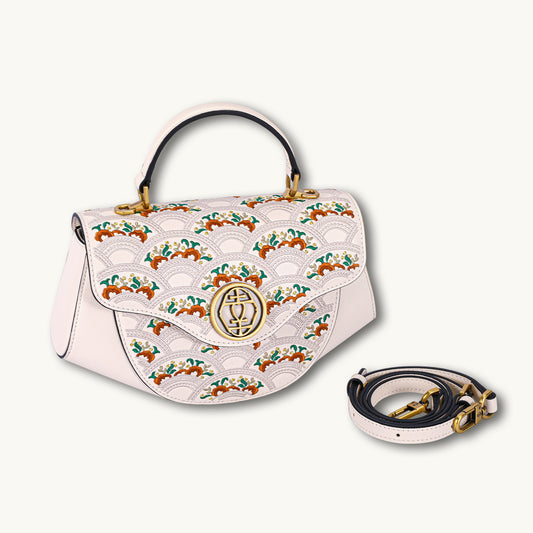 Floral Wave Embroidered Genuine Leather Top Handle Satchel Bag