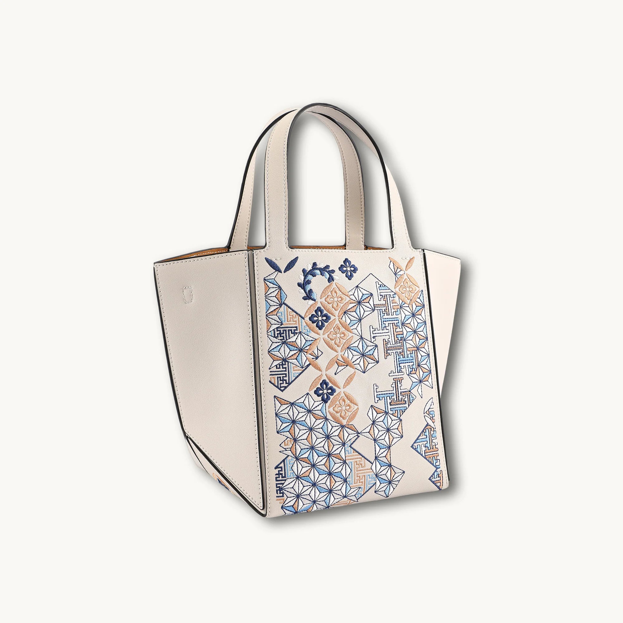 Architectural Geometric Embroidered Genuine Leather Tote Bag
