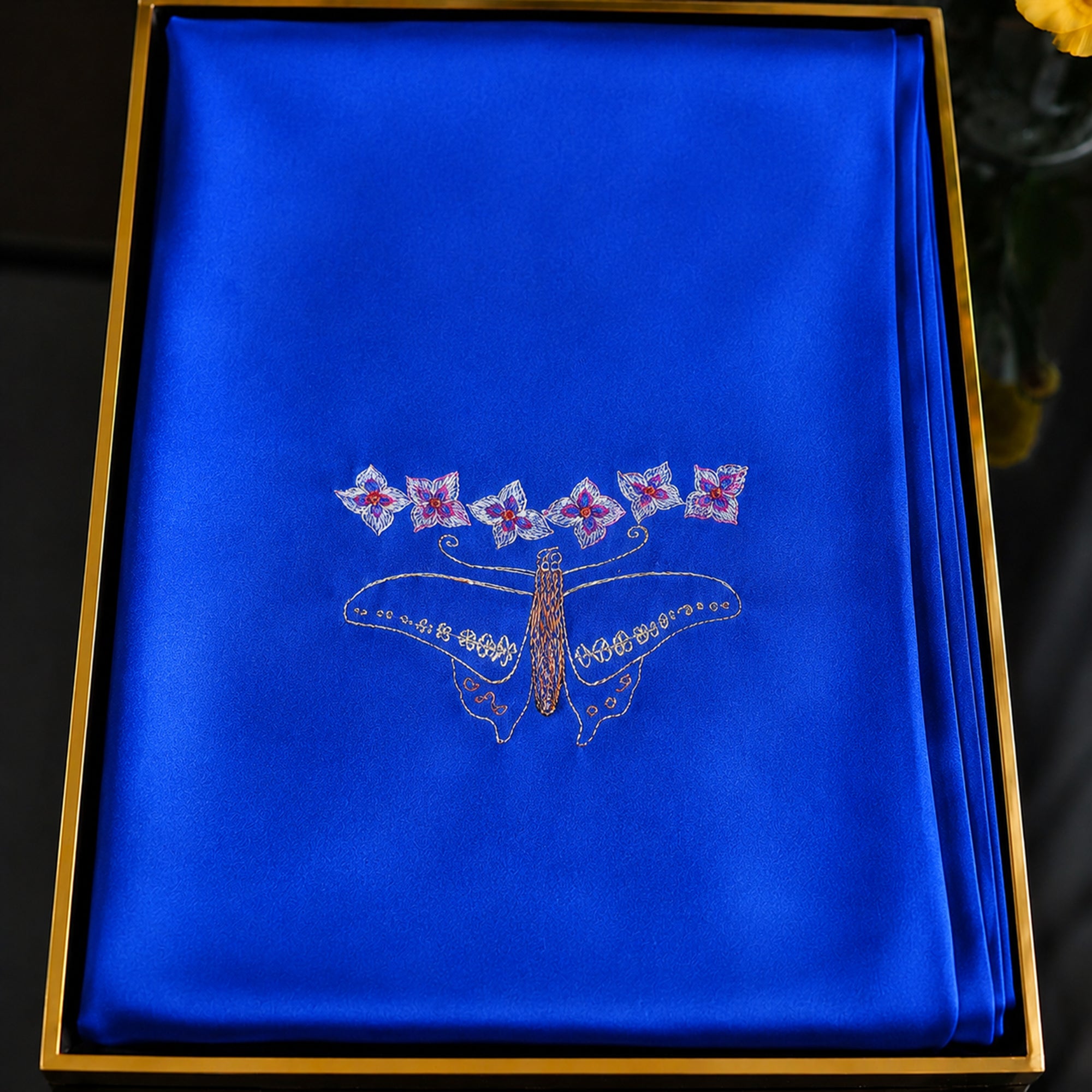 Hand-Embroidered Silk Scarf – Blue Elegance with Traditional Chinese Floral Motif