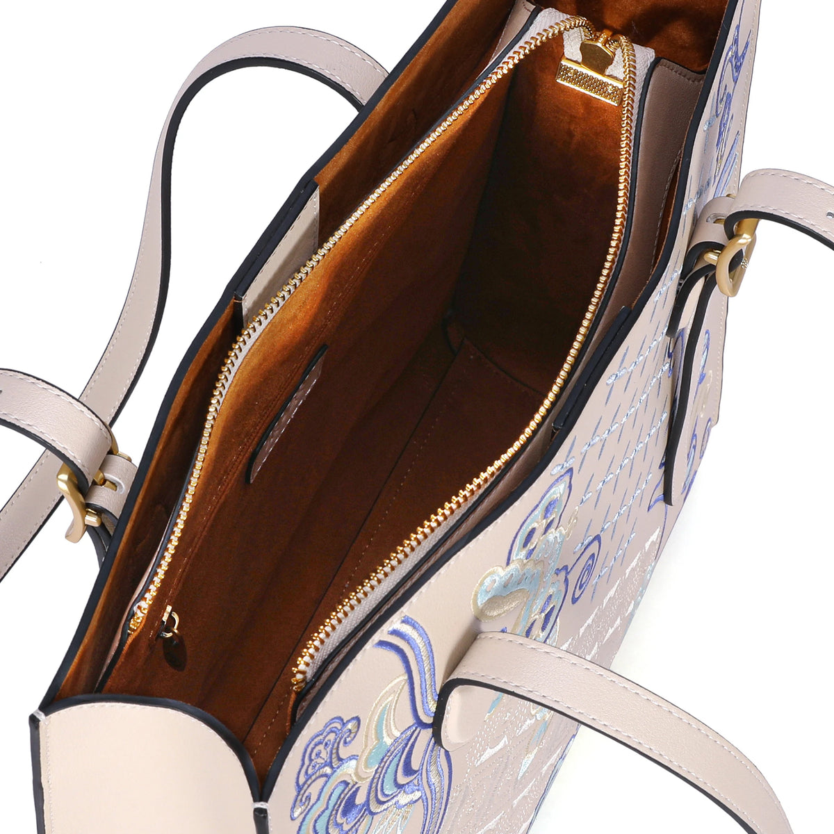 Borsa tote wing in vera pelle con ricamo Suzhou barocco dorato fatta a mano