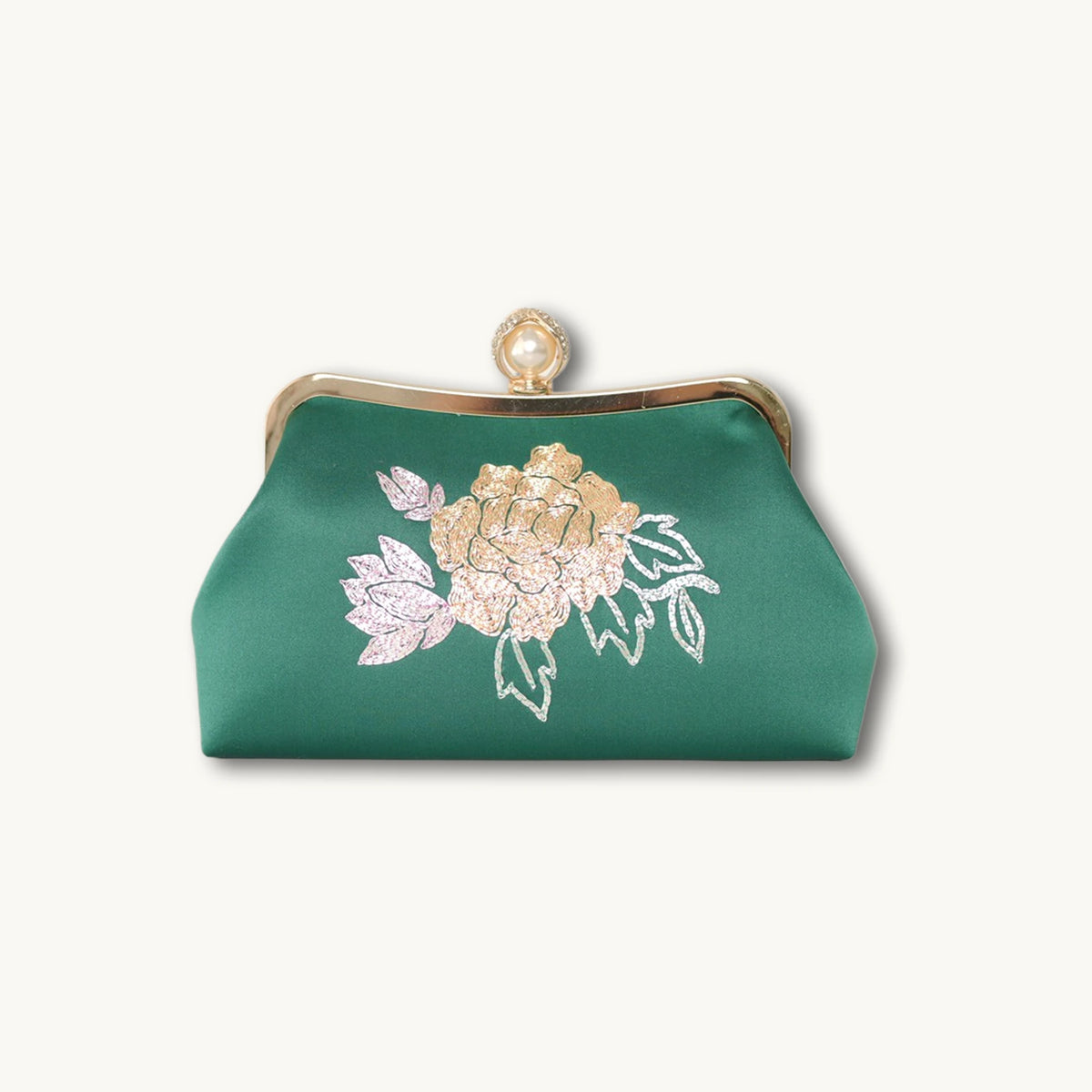 Chinoiserie Luxury Green Suzhou Embroidery Floral Mulberry Silk Frame Handbag