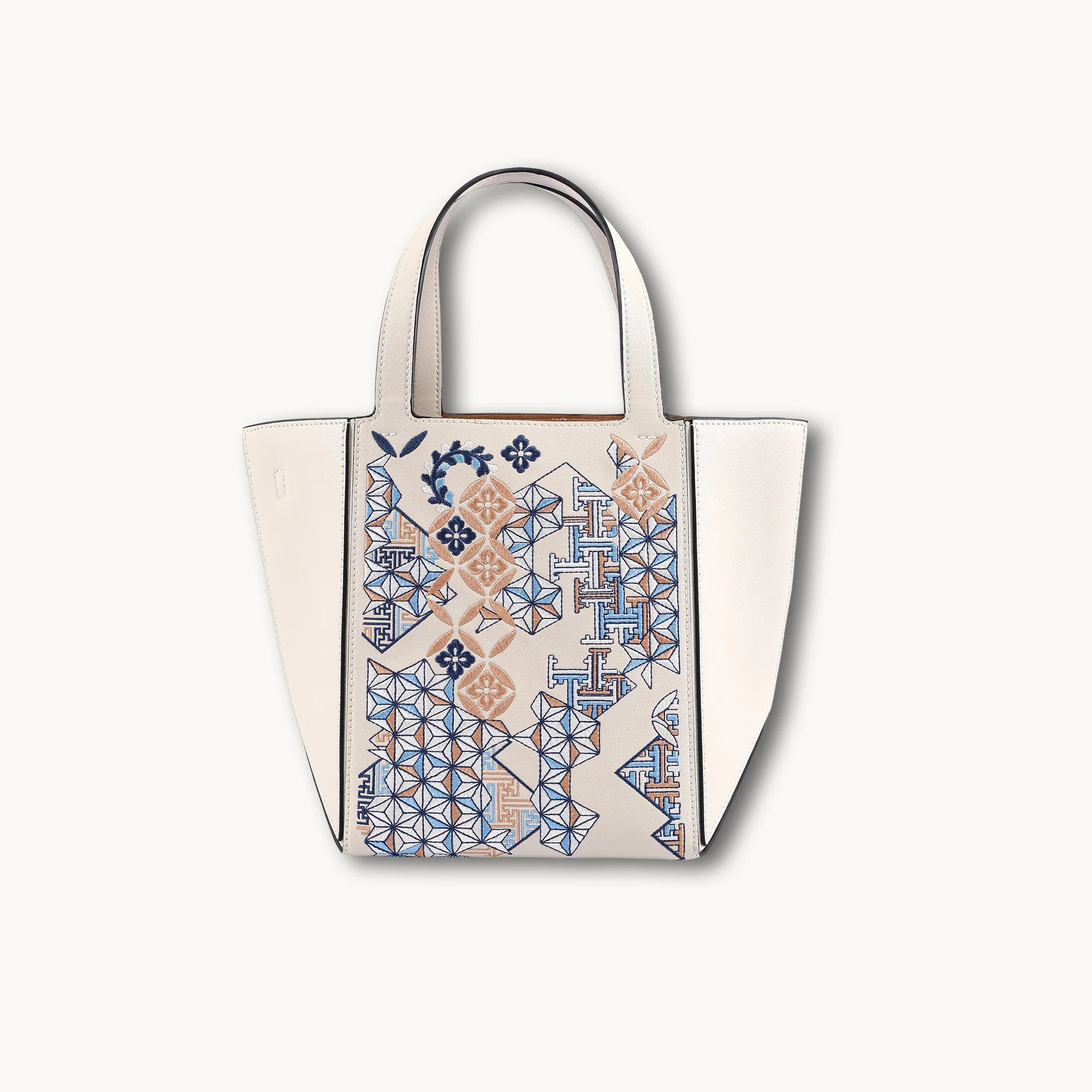Architectural Geometric Embroidered Genuine Leather Tote Bag