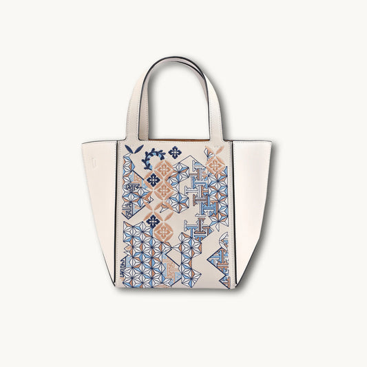 Architectural Geometric Embroidered Genuine Leather Tote Bag