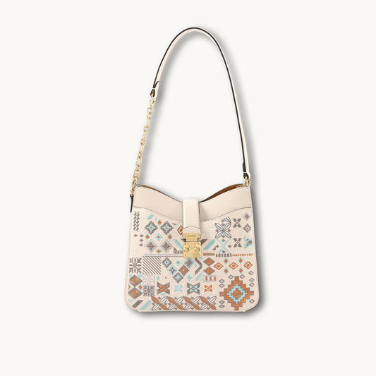 Bohemian Geometric Embroidered Genuine Leather Hobo Bag