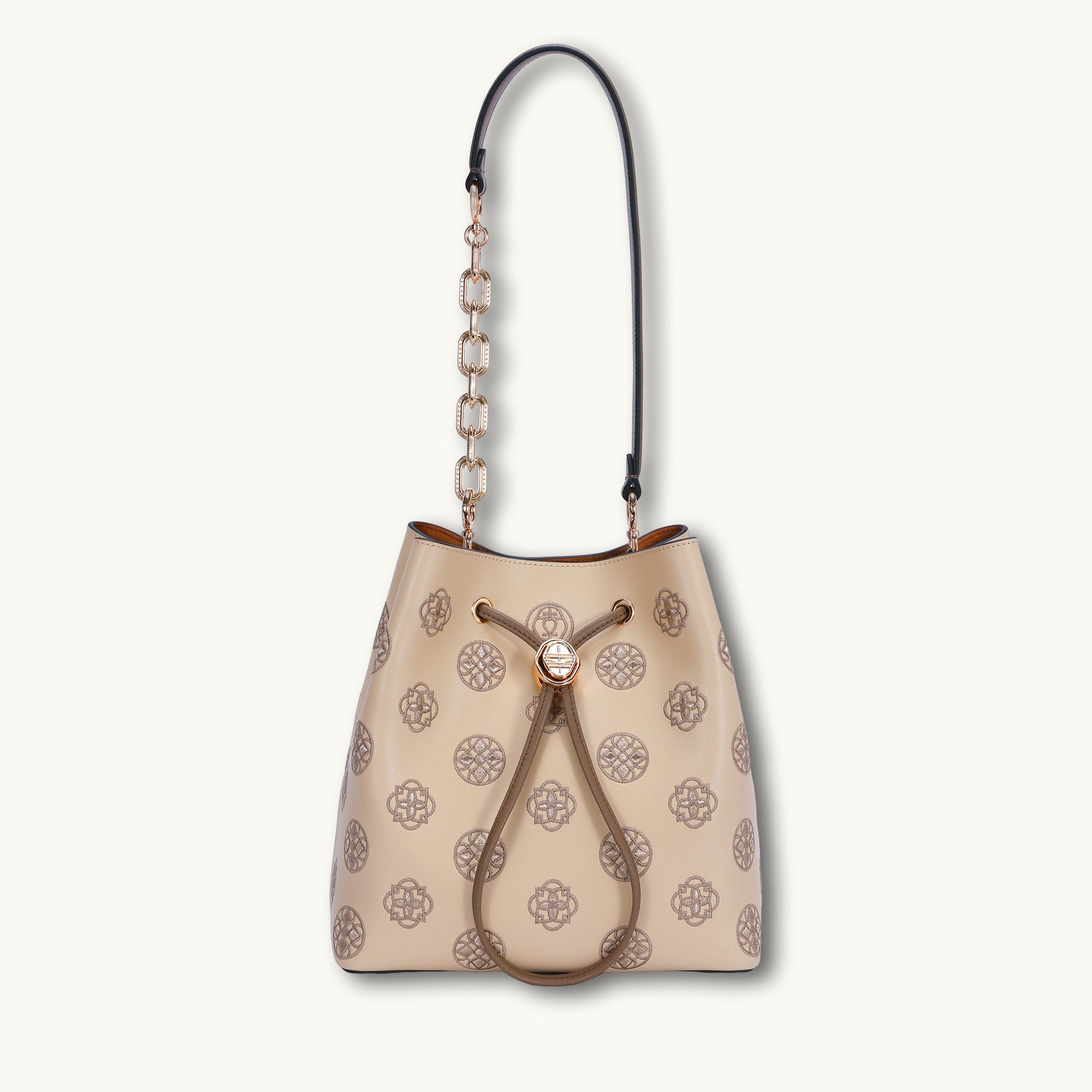 Embroidered Genuine Leather Bucket Bag with Chain Strap