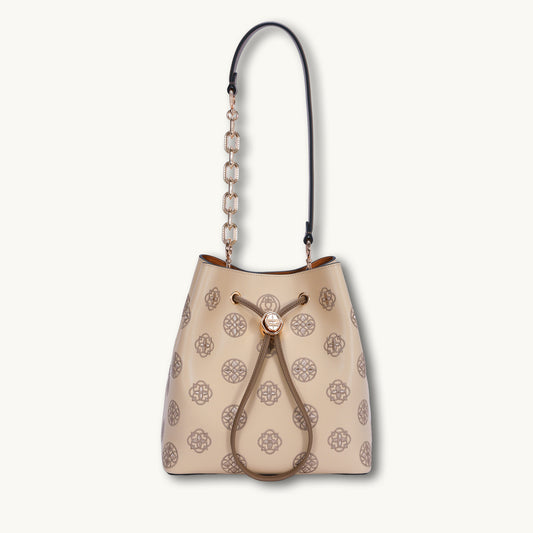 Embroidered Genuine Leather Bucket Bag with Chain Strap
