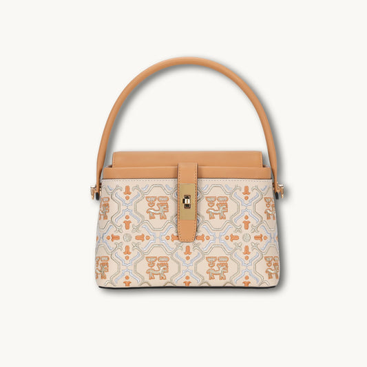New Chinese Style Geometric Animal Pattern Embroidered Leather Handbag, Two-tone Top Handle Bucket Bag with Vintage Gold Twist Lock Hardware