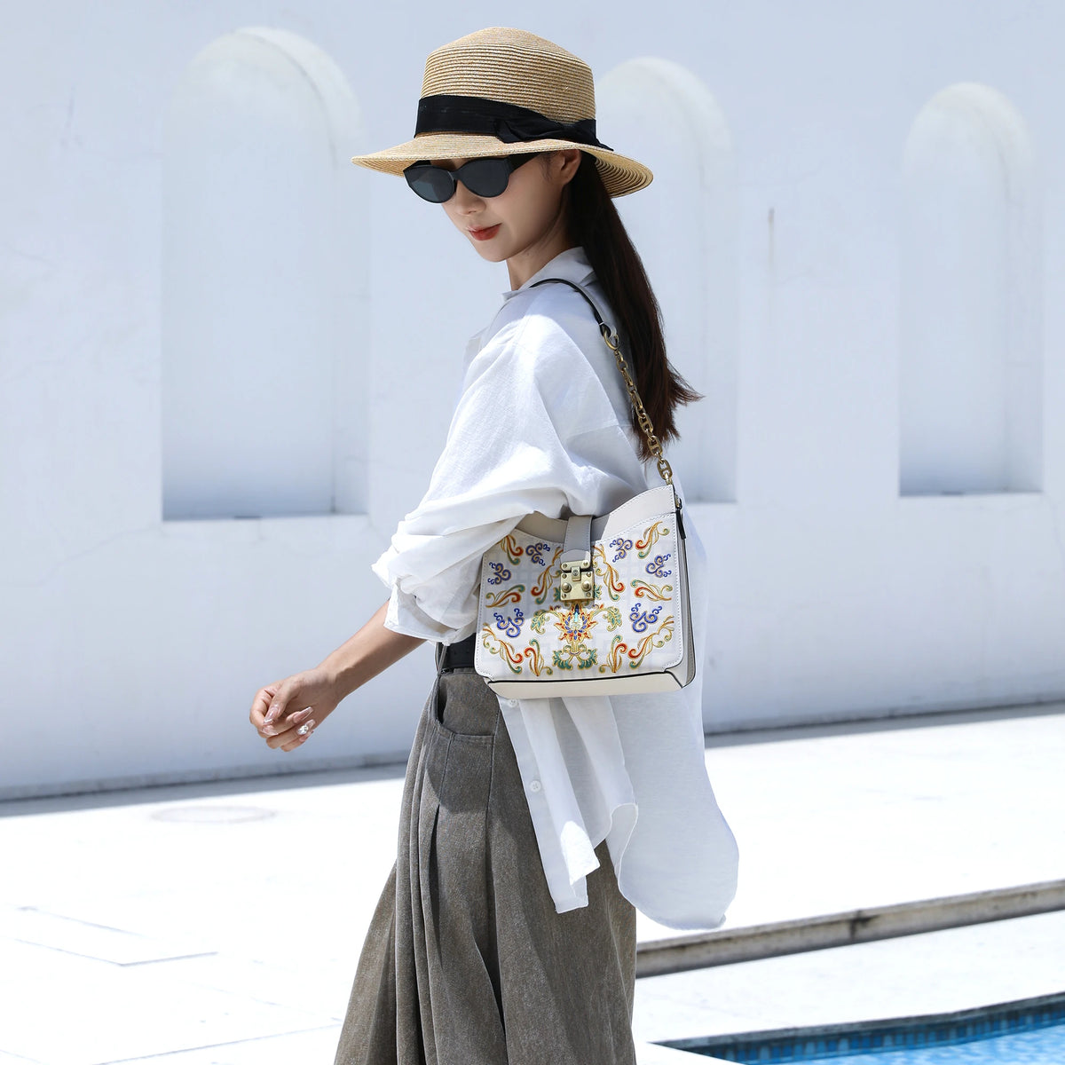 Bolso tote de piel auténtica con alas, bordado de Suzhou barroco dorado hecho a mano