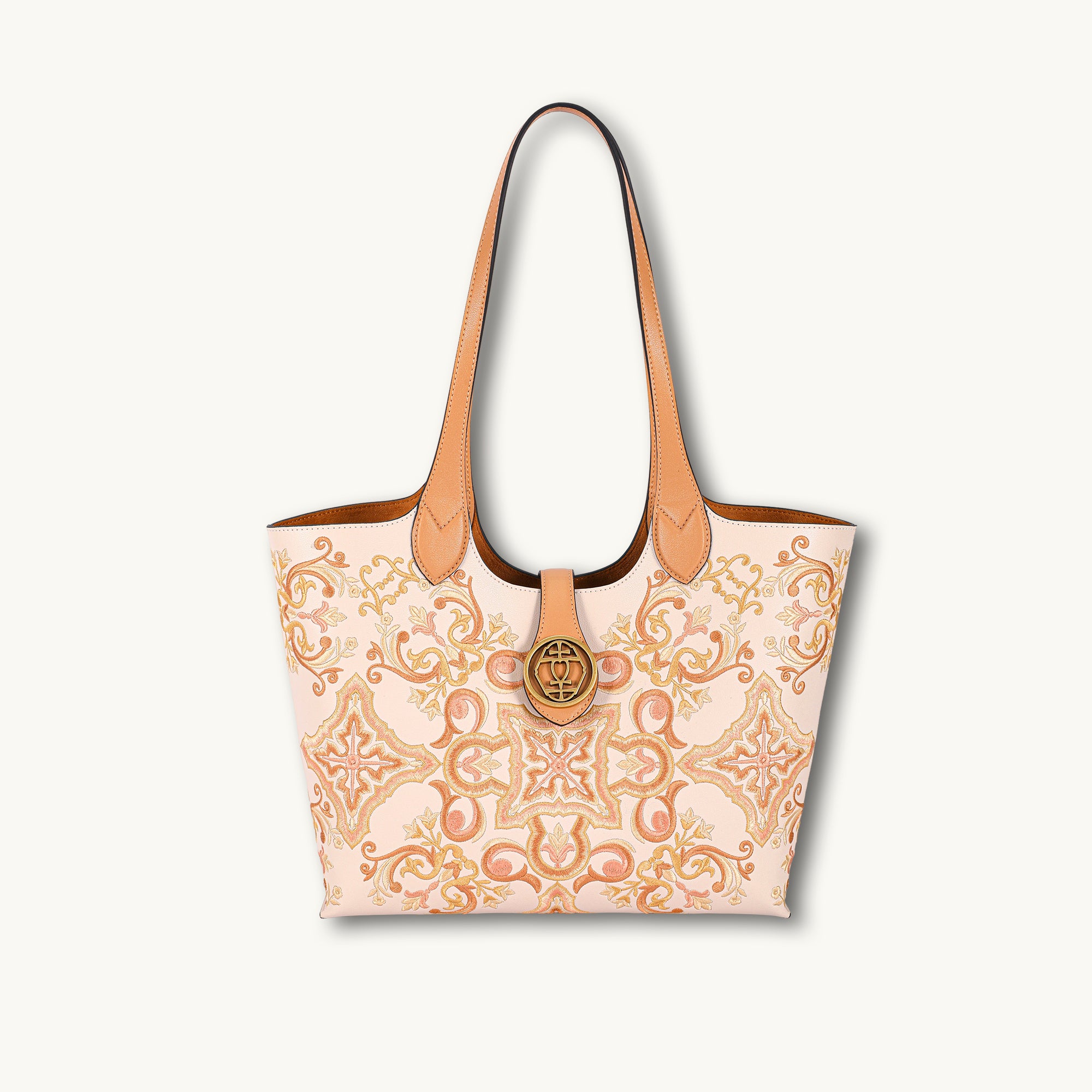 Blush Floral Embroidered Genuine Leather Tote Bag
