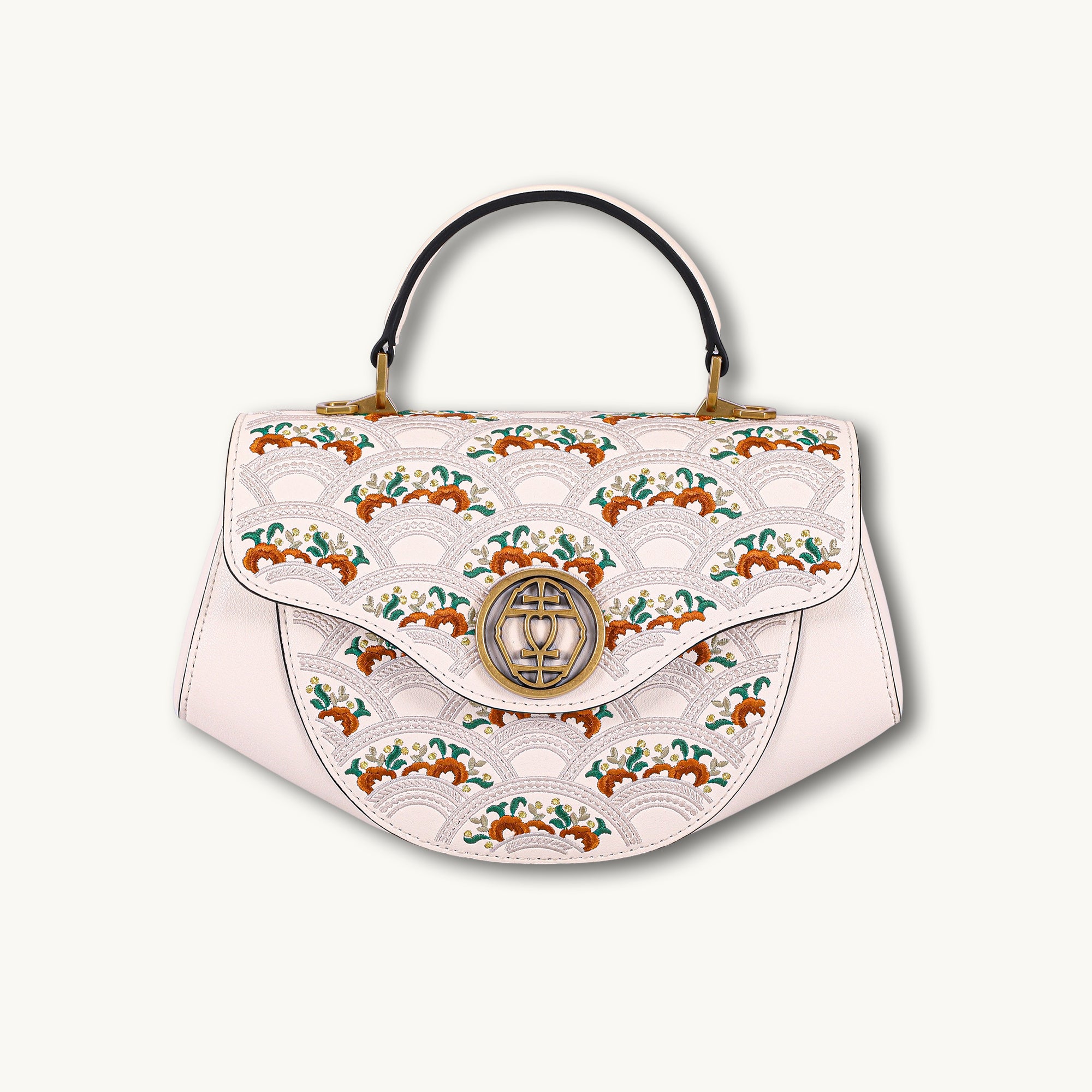 Floral Wave Embroidered Genuine Leather Top Handle Satchel Bag