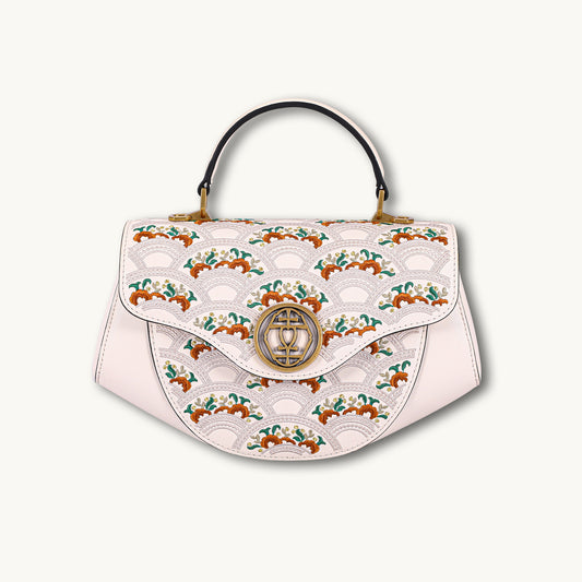 Floral Wave Embroidered Genuine Leather Top Handle Satchel Bag
