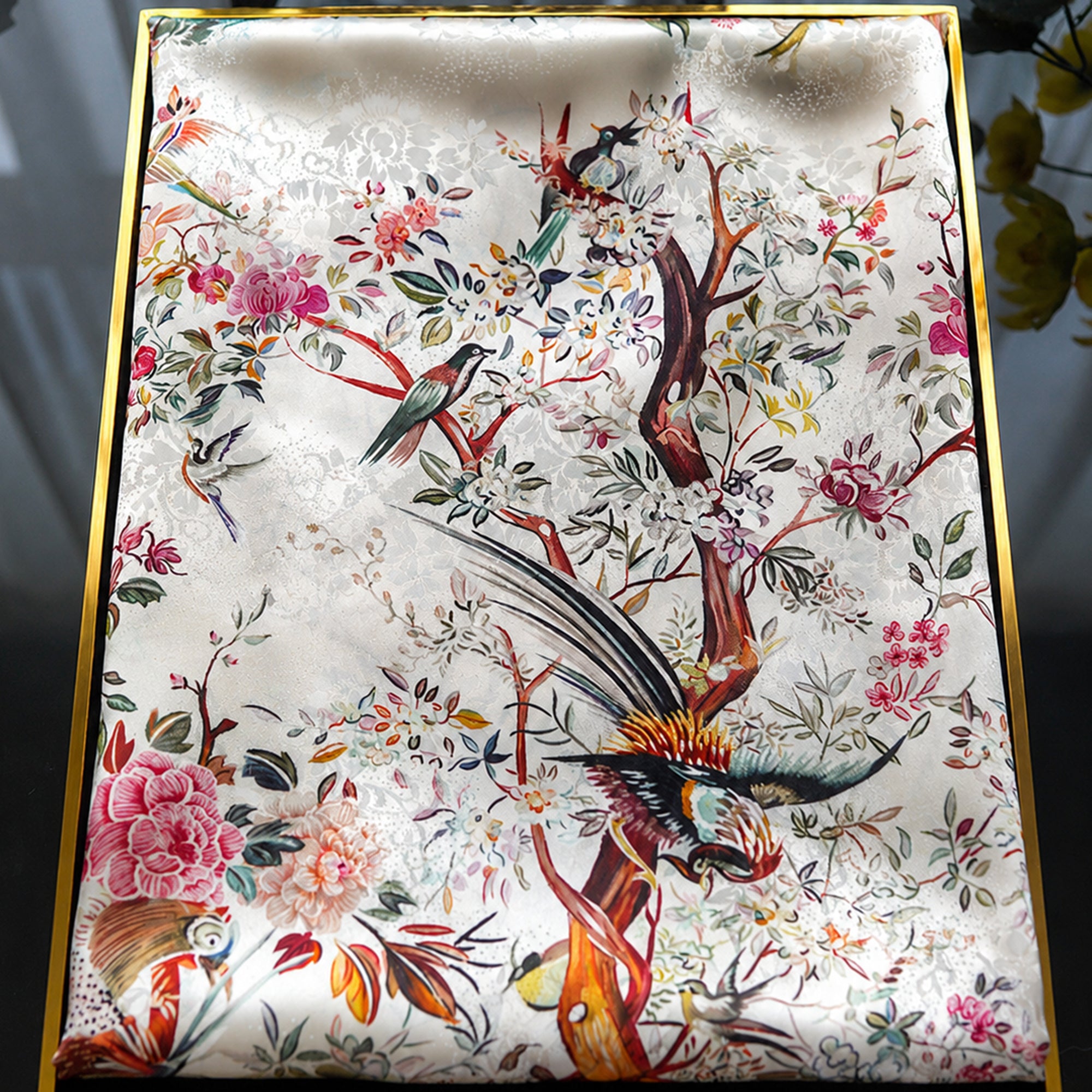 Luxury Birds & Blooms Jacquard Chinese Mulberry Silk Square Scarf