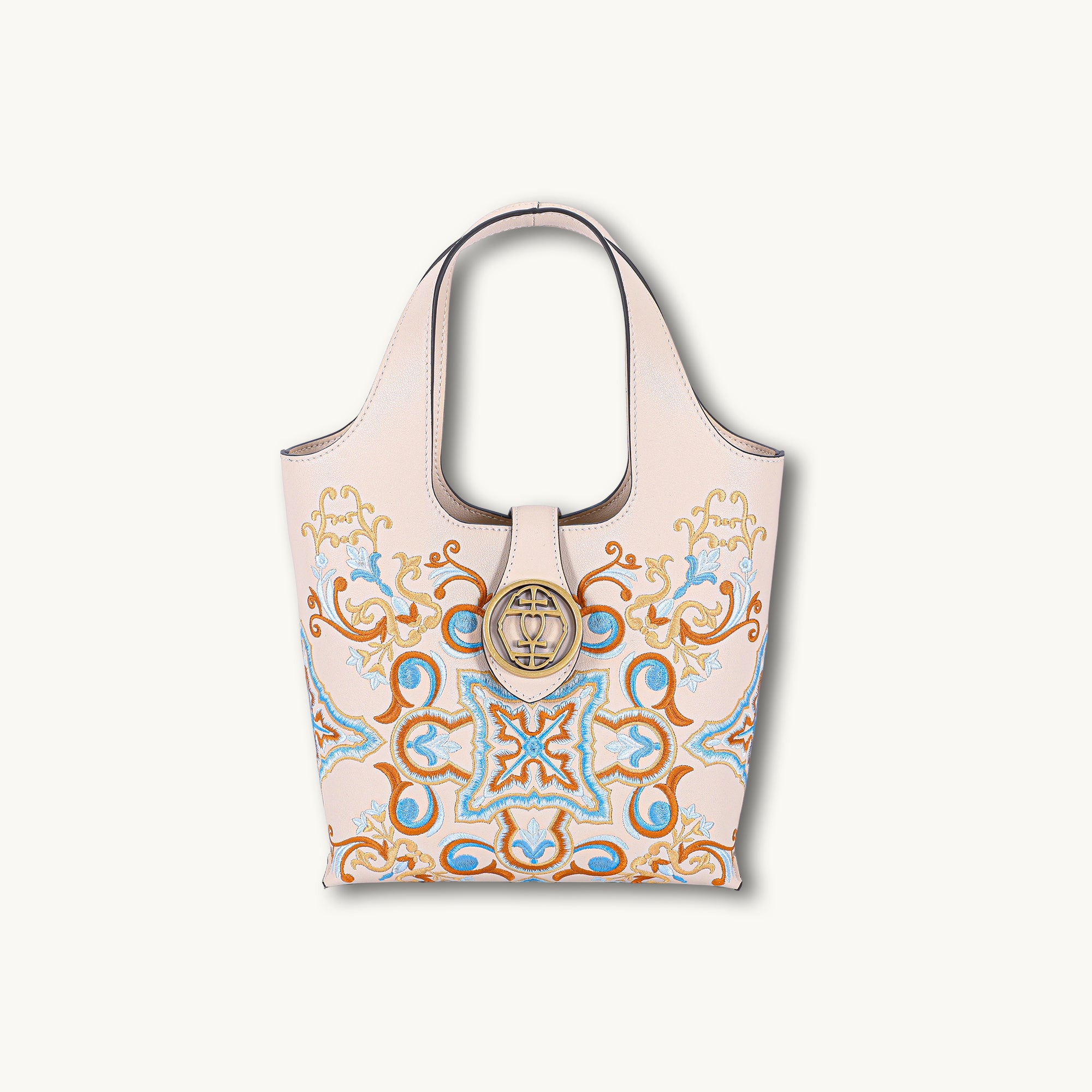 Dunhuang Scroll Grass Motif Embroidered Genuine Leather Tote Bag