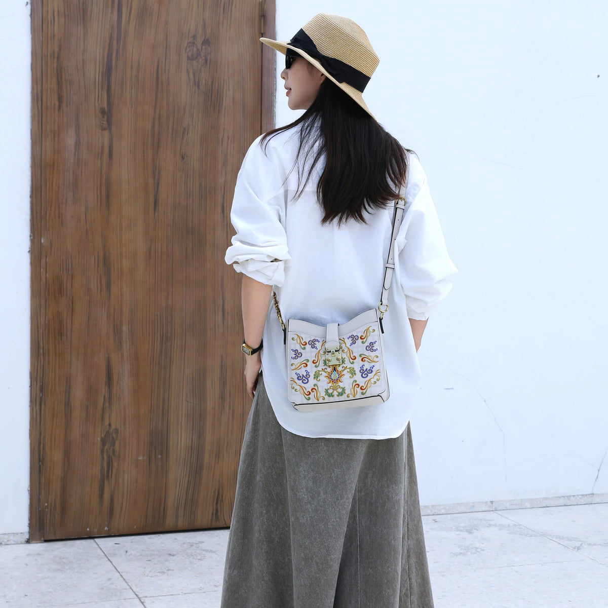 Bolso tote de piel auténtica con alas, bordado de Suzhou barroco dorado hecho a mano