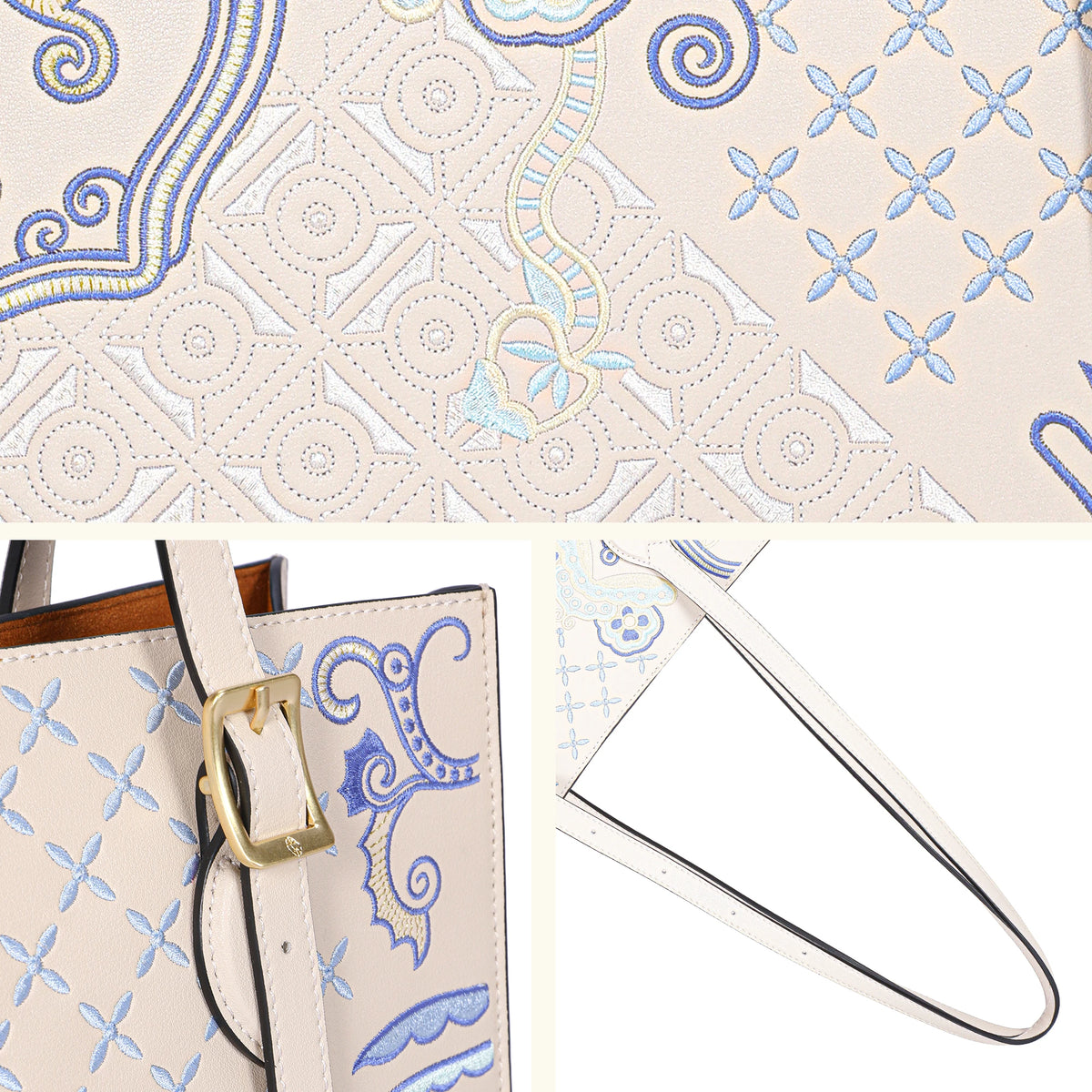 Borsa tote wing in vera pelle con ricamo Suzhou barocco dorato fatta a mano