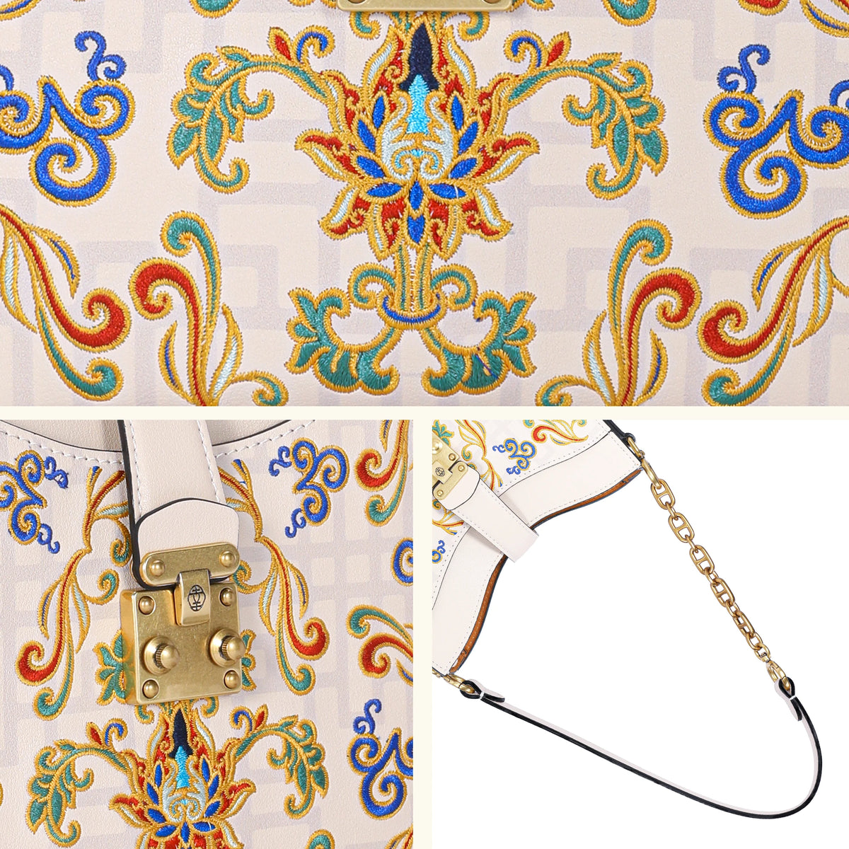 Bolso tote de piel auténtica con alas, bordado de Suzhou barroco dorado hecho a mano
