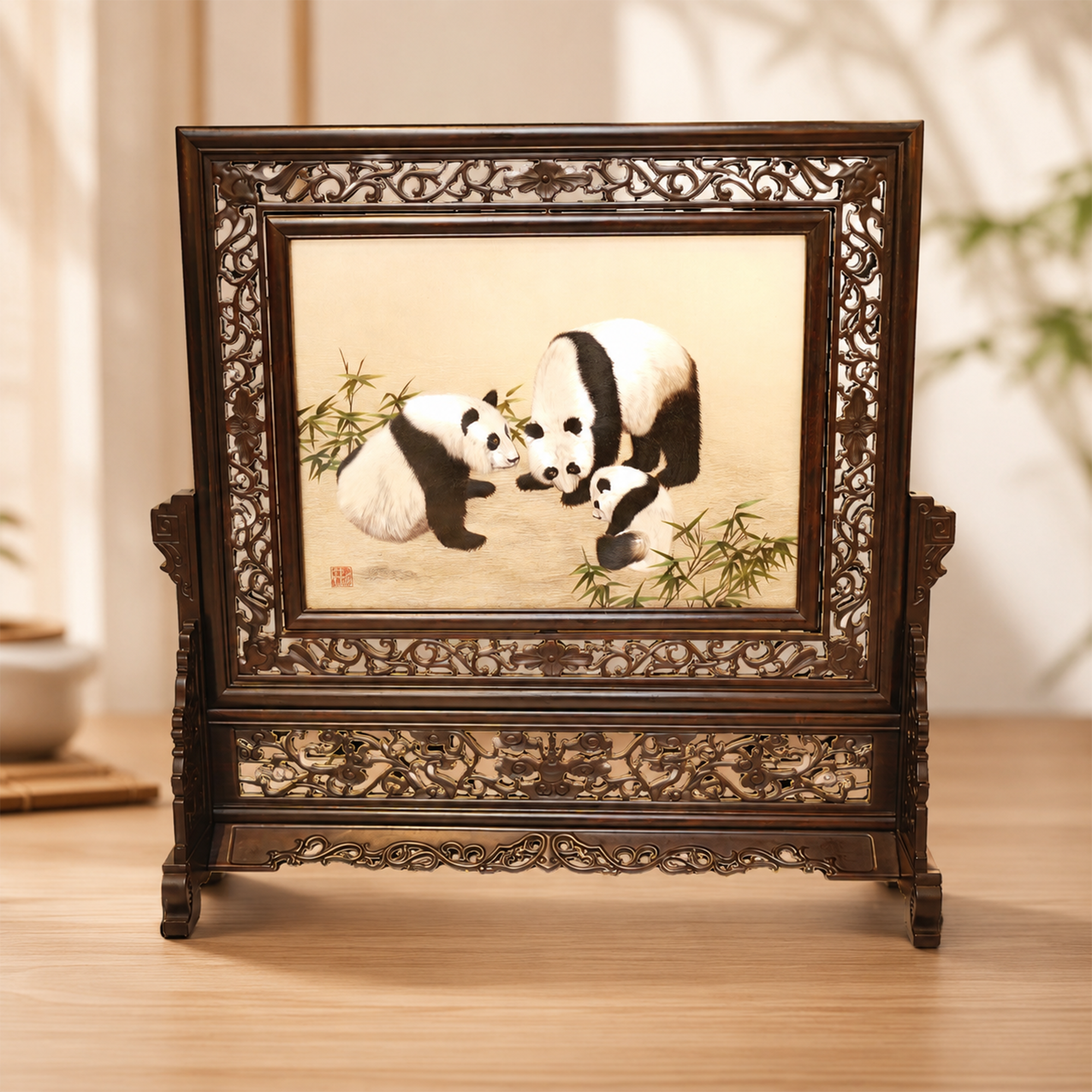 Chinese Panda Family Suzhou Embroidery Table Screen - Handcrafted Blackwood Frame