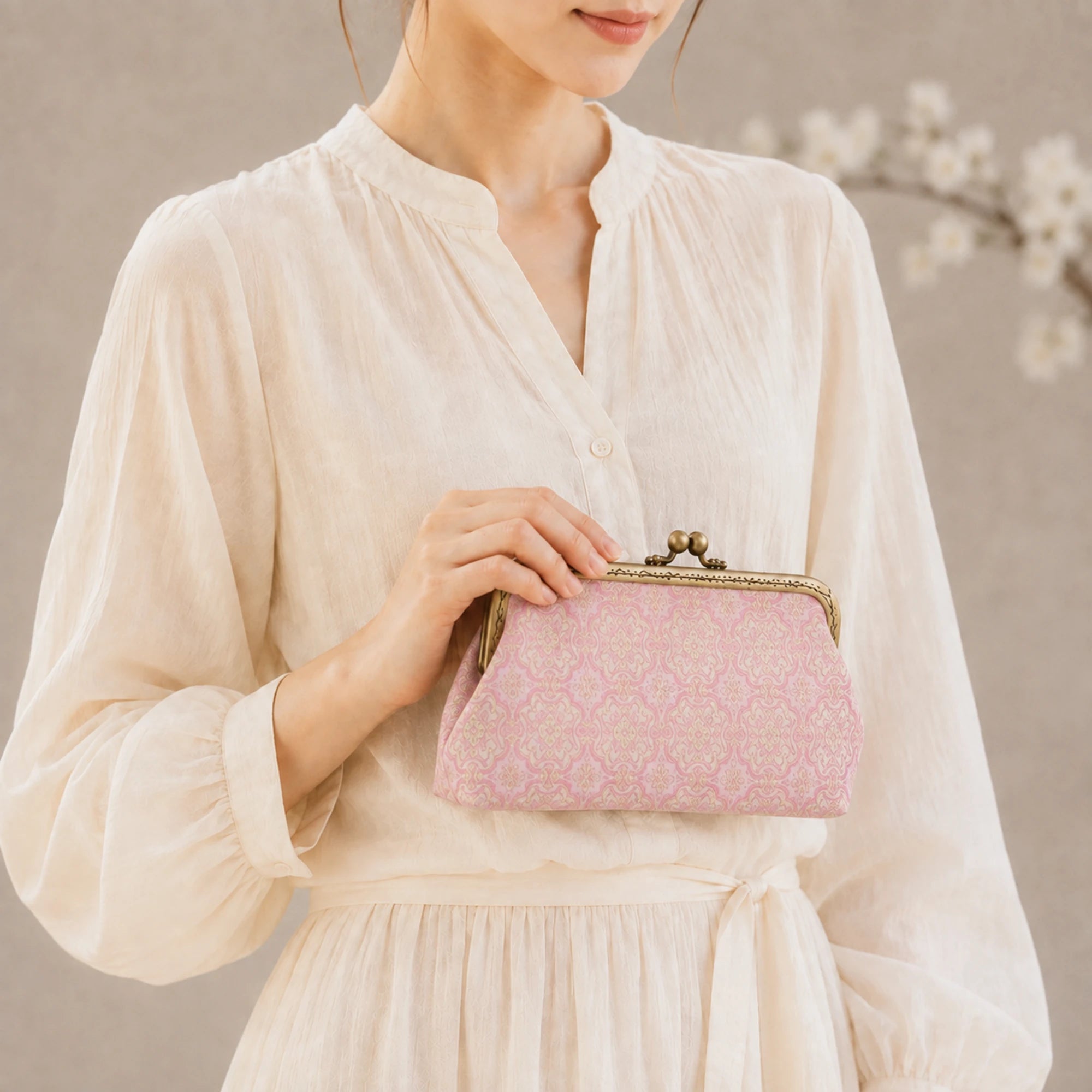Luxury Chinese Pink Song Brocade Silk Frame Handbag with Dingsheng Motif