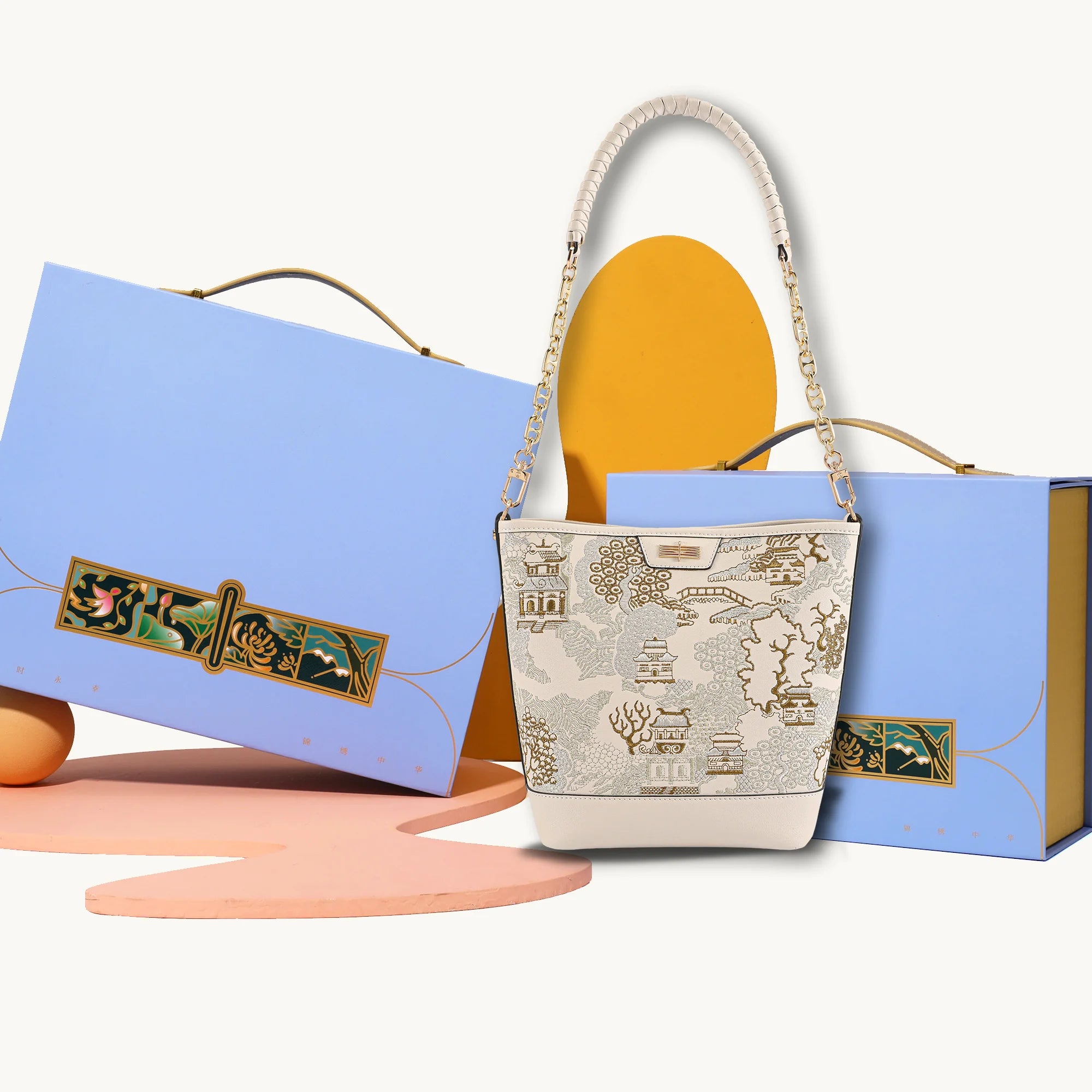 Chinese Style Oriental Print Bucket Bag with Chain-Trimmed Leather Strap