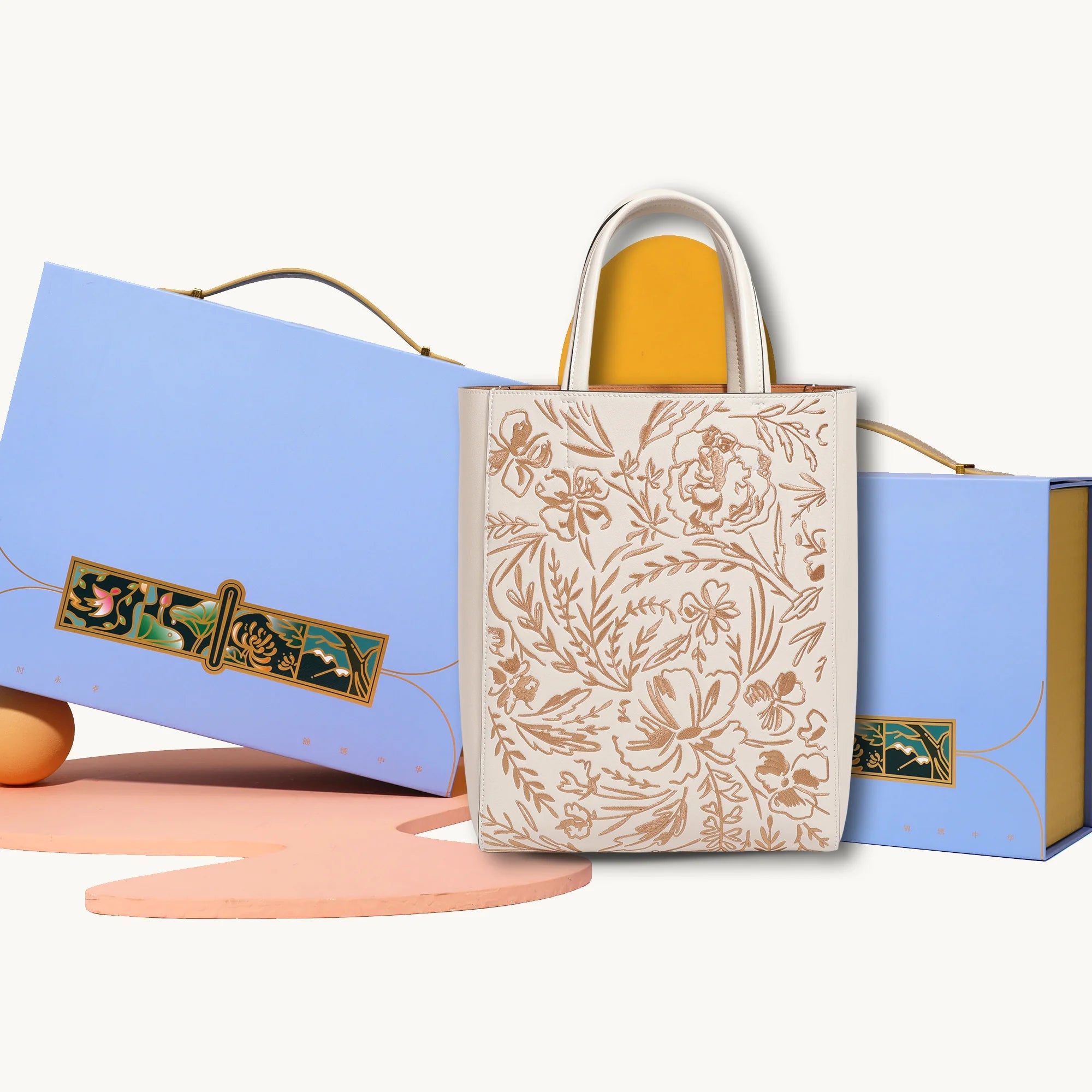 Heritage Chinese Embroidery Leather Tote Bag — Floral Motif Artisan Stitching