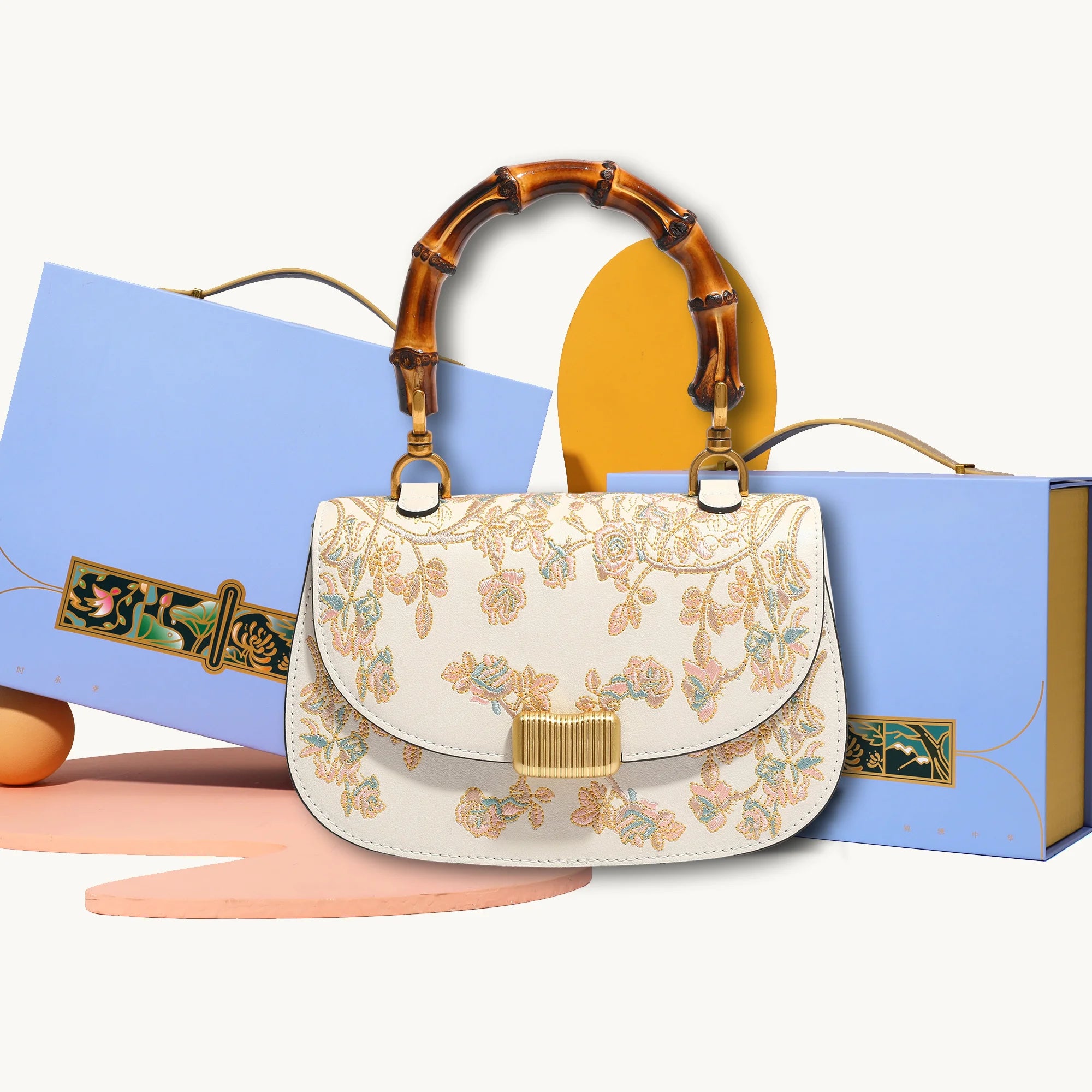 Heritage Floral Embroidery Saddle Bag with Bamboo Handle