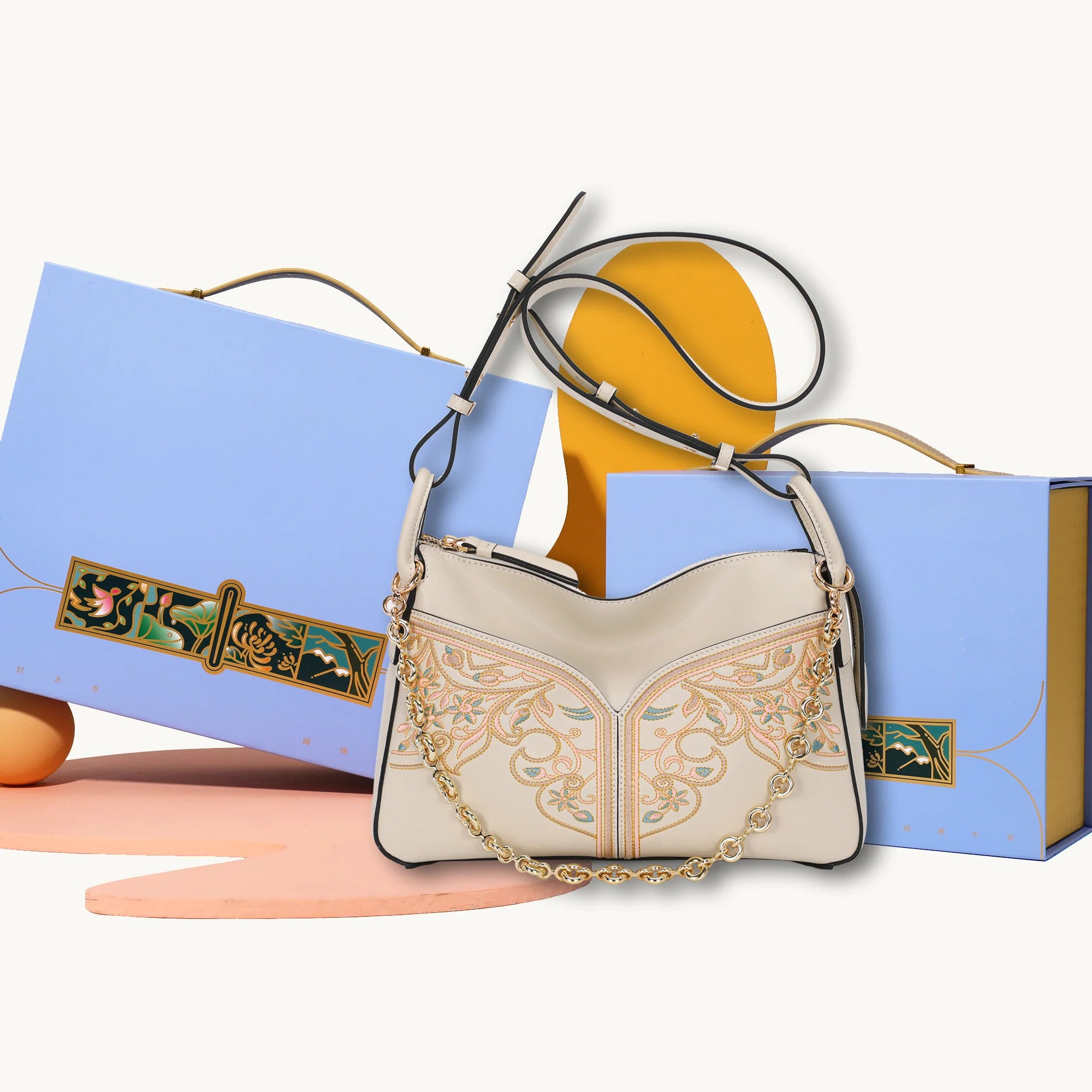 Borsa a tracolla in vera pelle con ricamo floreale Suzhou artigianale di lusso
