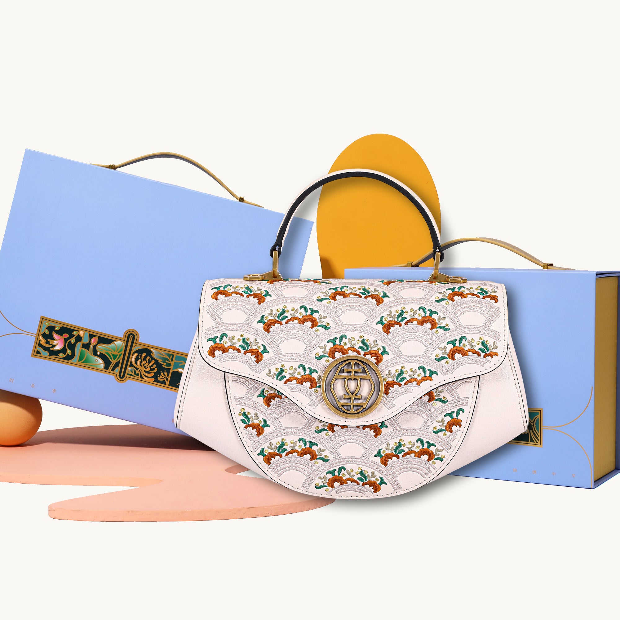 Floral Wave Embroidered Genuine Leather Top Handle Satchel Bag