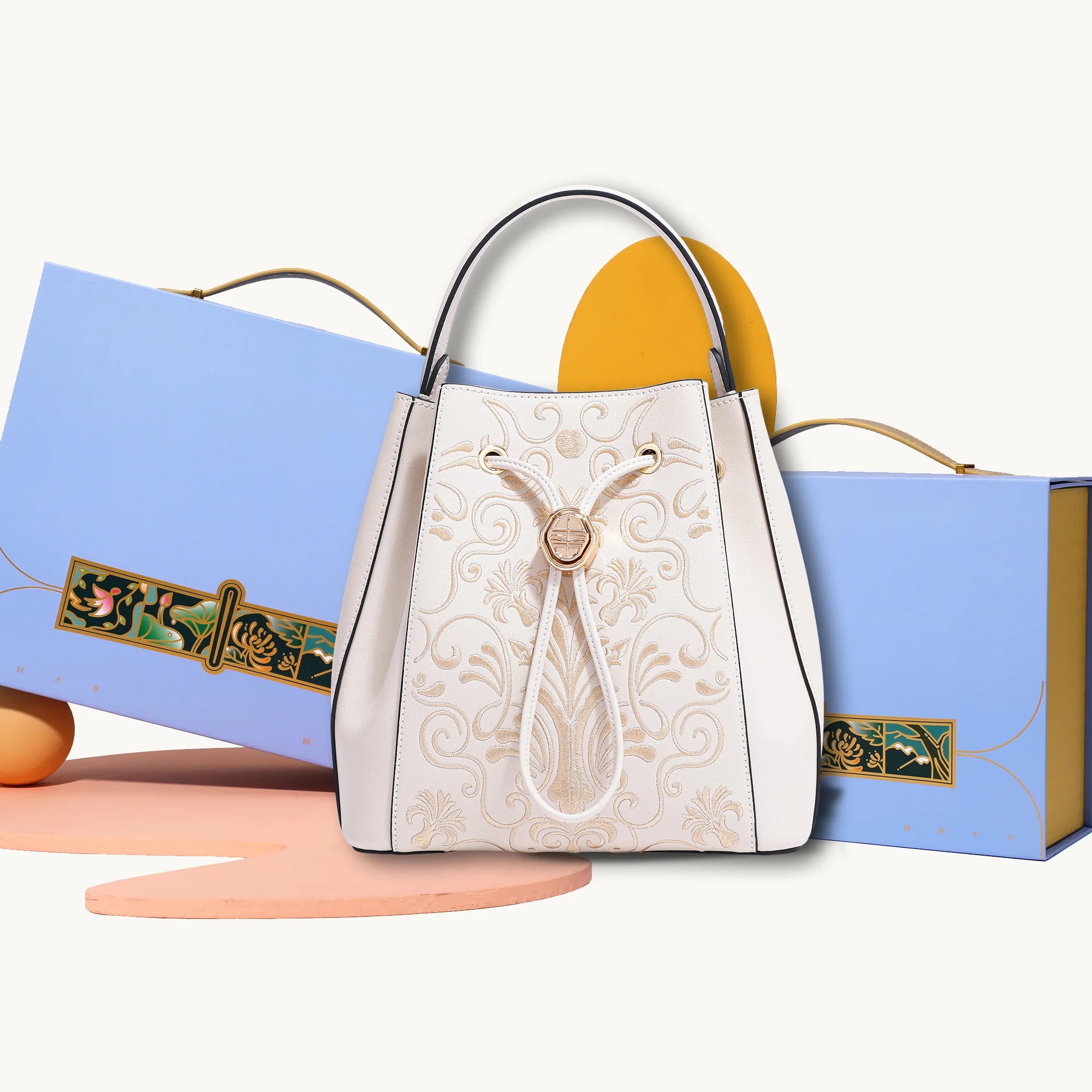 Heritage Gold Filigree Motif  Scroll Embroidery Bucket Bag