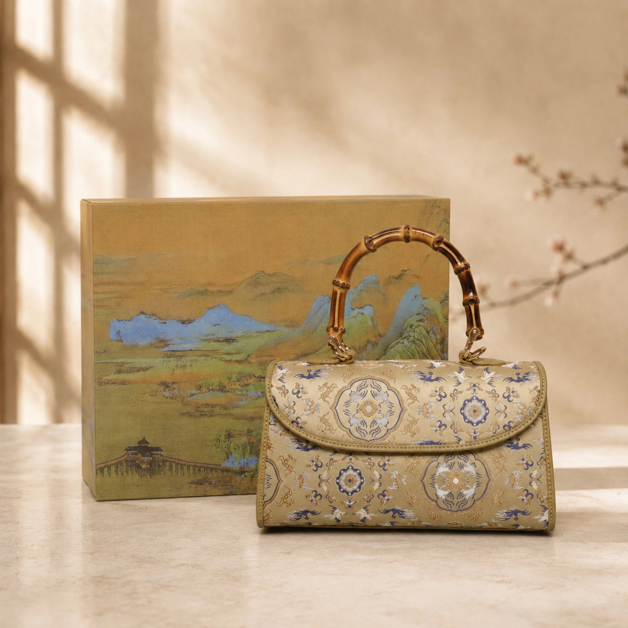 SinoCrafted green Crane and Deer Song brocade handbag with genuine leather trim and natural bamboo handle