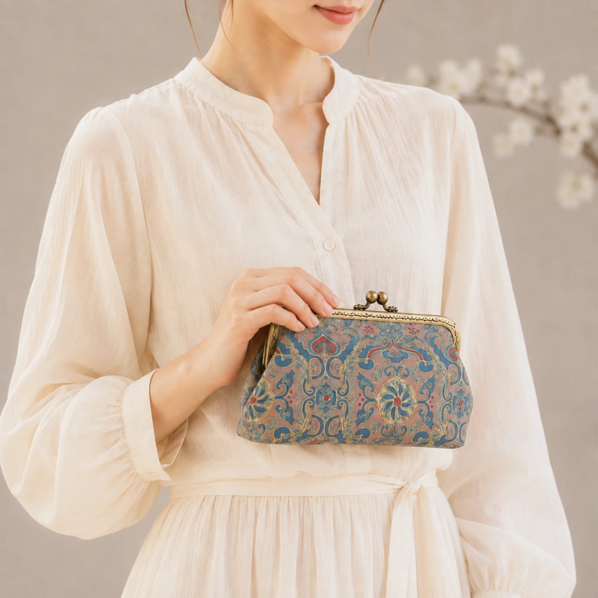 Luxury Chinese Blue Song Brocade Silk Frame Handbag with Traditional Scroll Motif
