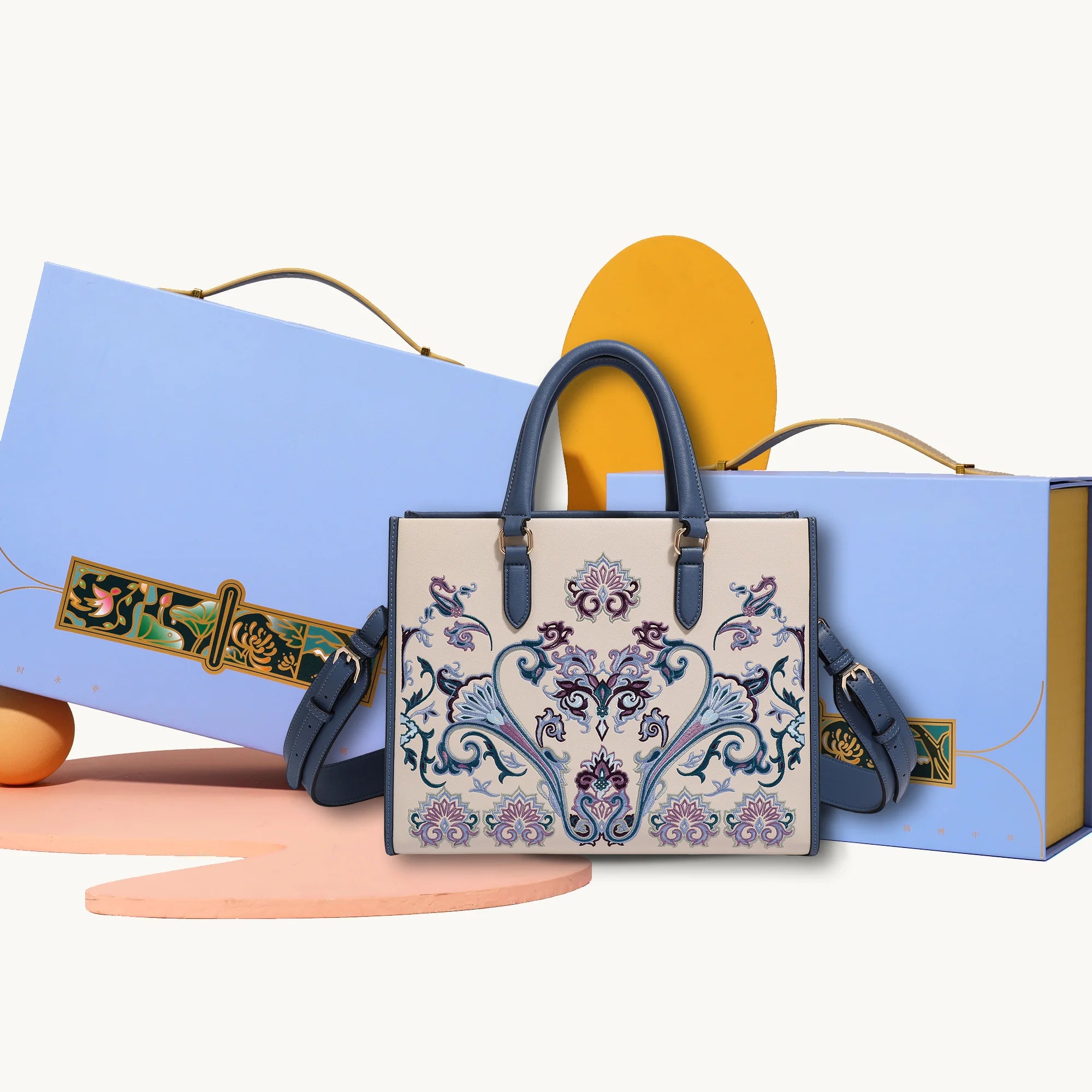 Heritage Baoxiang  Navy Leather Trim Embroidery Tote Bag
