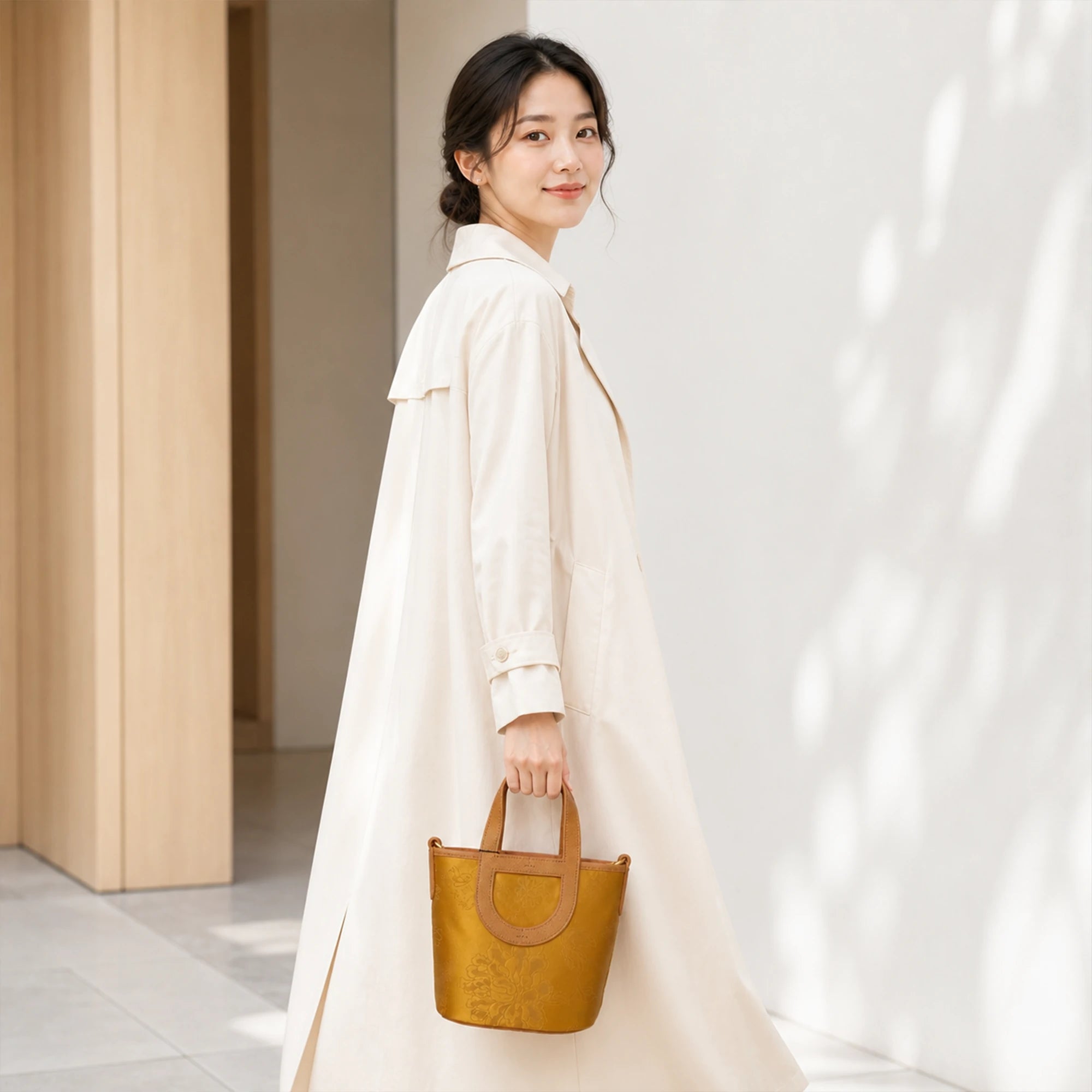 SinoCrafted golden silk Xiangyunsha peony handbag with genuine leather handles