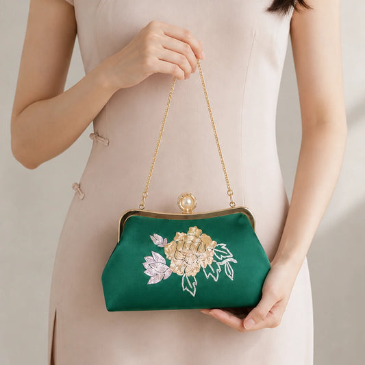 Chinoiserie Luxury Green Suzhou Embroidery Floral Mulberry Silk Frame Handbag
